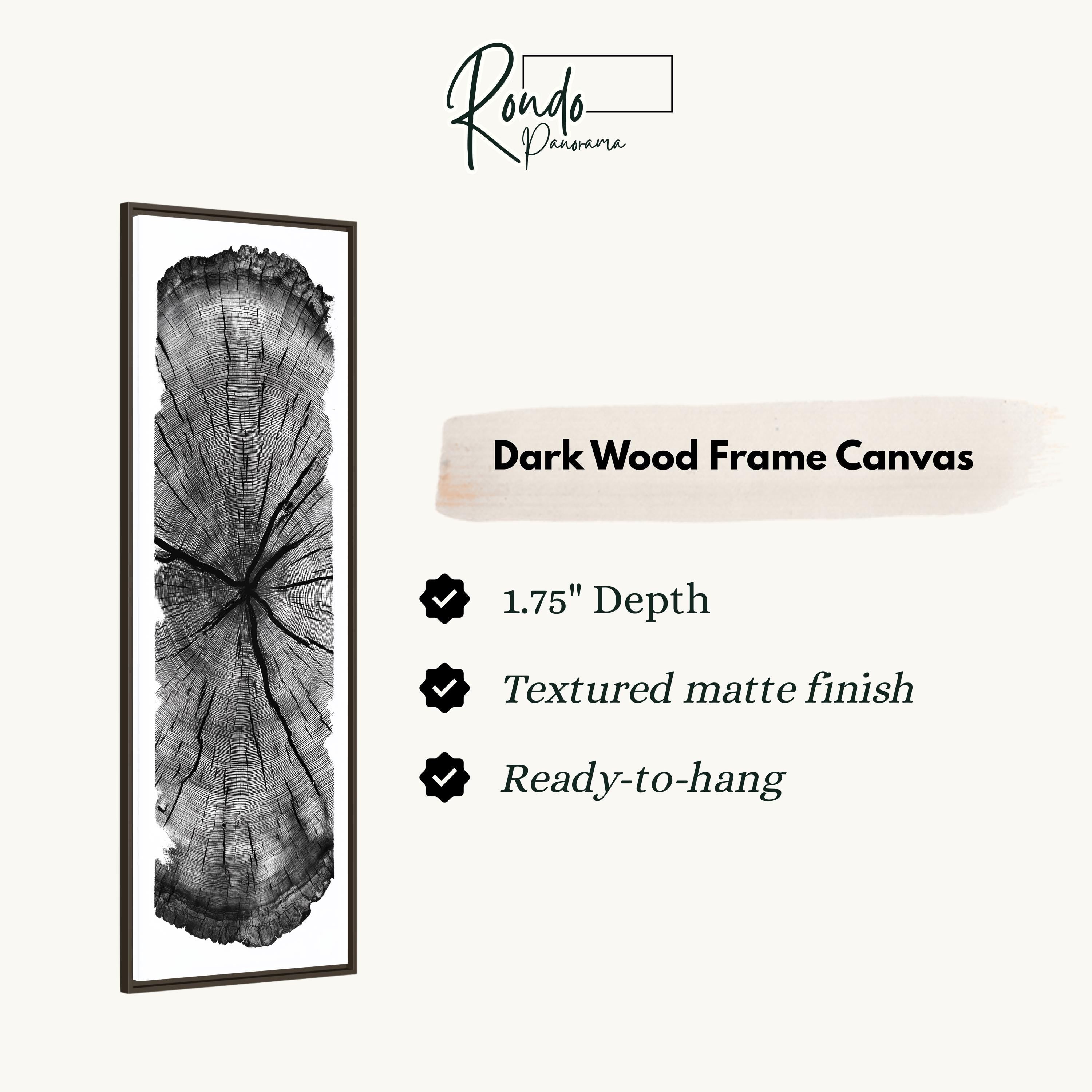 a dark wood frame canvas with a tree trunk image, and it is described as a 1.75" depth canvas with a textured matte finish and a ready-to-hang feature.