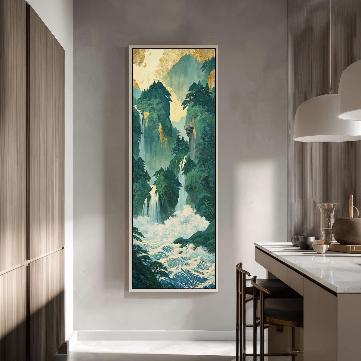 Emerald waterfall gorge tall skinny canvas print in a modern kitchen