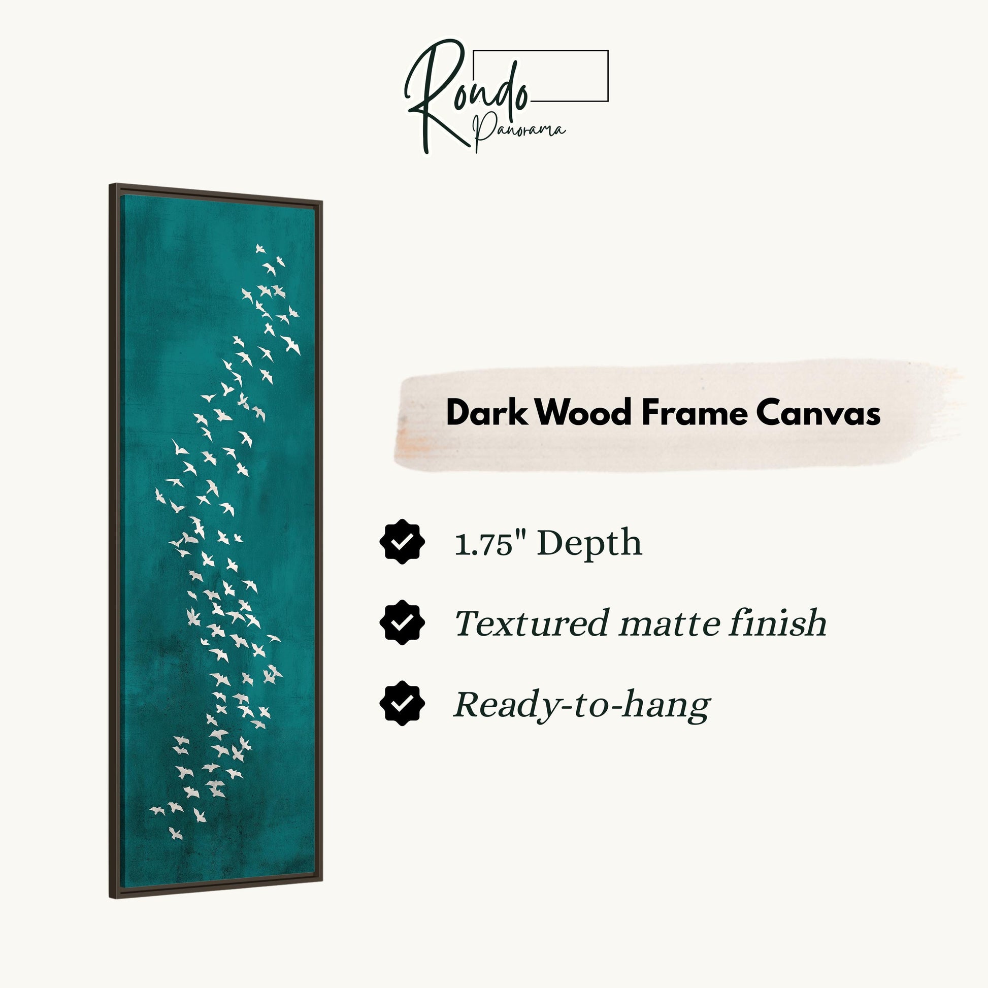 The image is a dark wood frame canvas featuring a flock of white birds on a teal background.