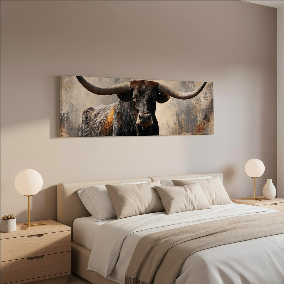 Longhorn bull portrait wide panoramic canvas print above a bed in a neutral bedroom