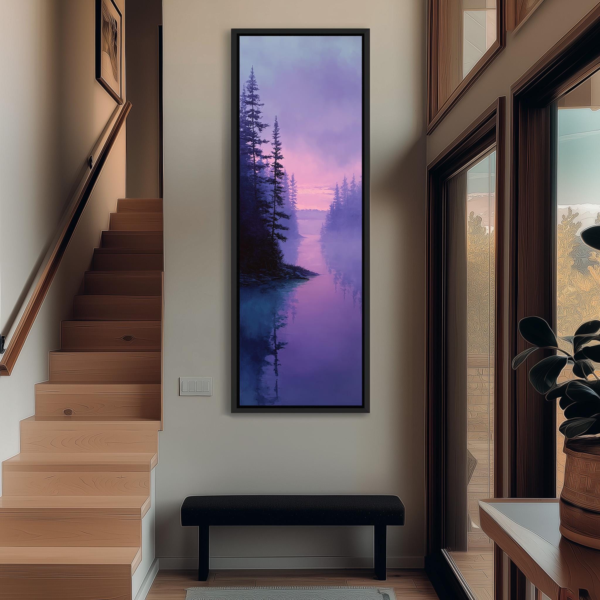 a serene indoor setting with a large painting of a forest scene hanging on the wall. The painting depicts a tranquil landscape with a river and trees, creating a peaceful atmosphere. The room is well-lit, with natural light coming in through the windows, and a wooden staircase leading up to the painting. A black bench is placed in front of the painting, providing a comfortable seating area.