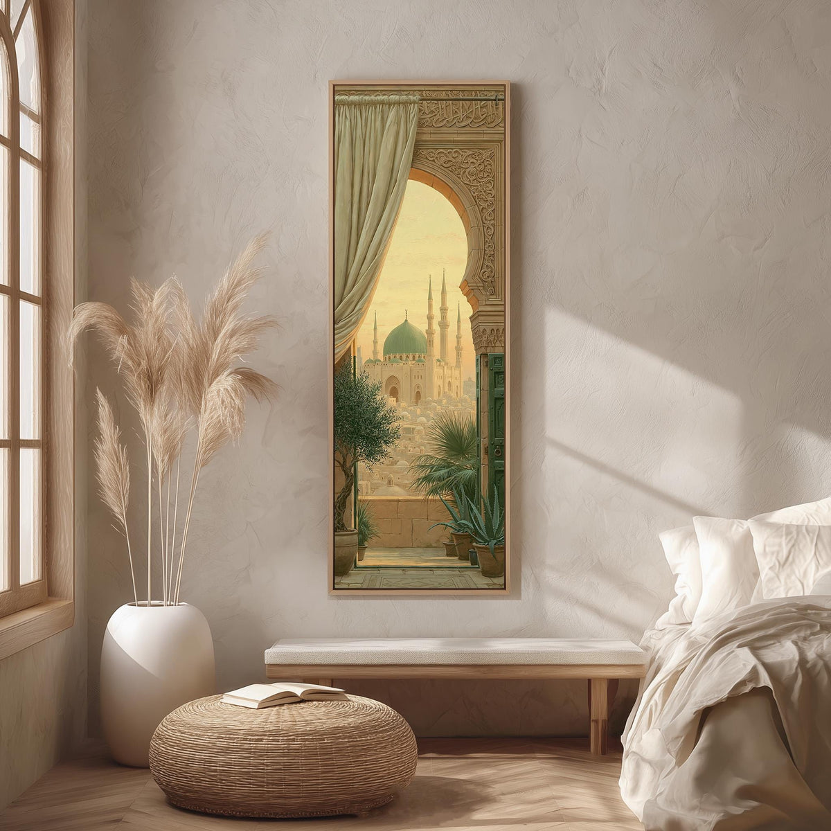 Mosque seen through an ornate arch long vertical canvas print in a bright reading corner