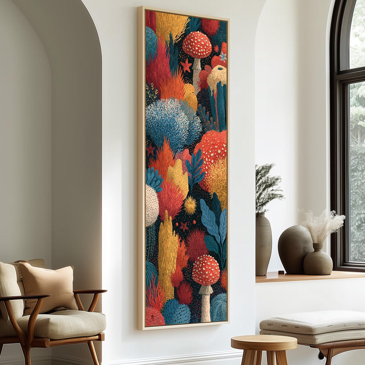 Jewel toned coral reef and toadstool garden tall skinny canvas print in a sunlit living space