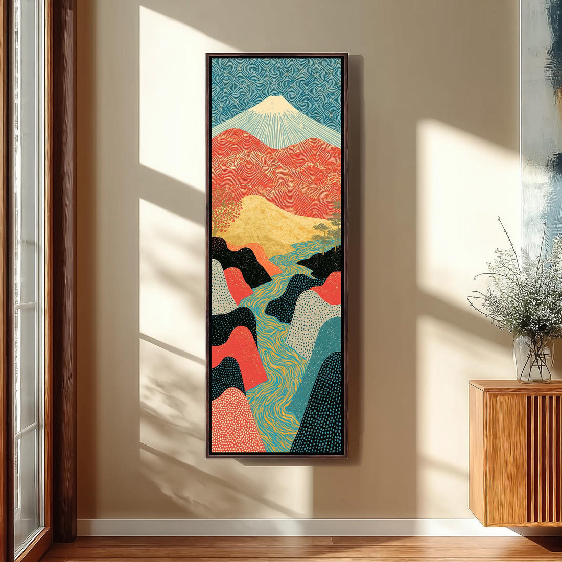 Mount Fuji above a winding river valley long vertical canvas print in a sunlit living space