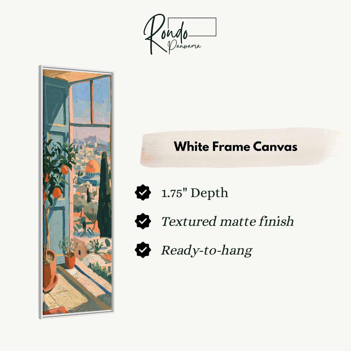 Window view over an old city with an orange tree canvas print in a white floating frame