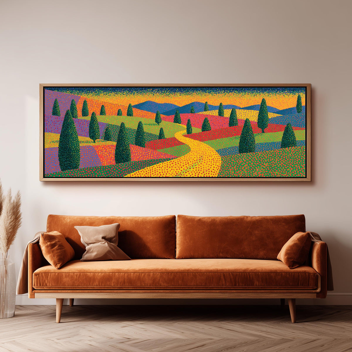 Cypress valley with a winding road panoramic canvas print above a sofa in a living room