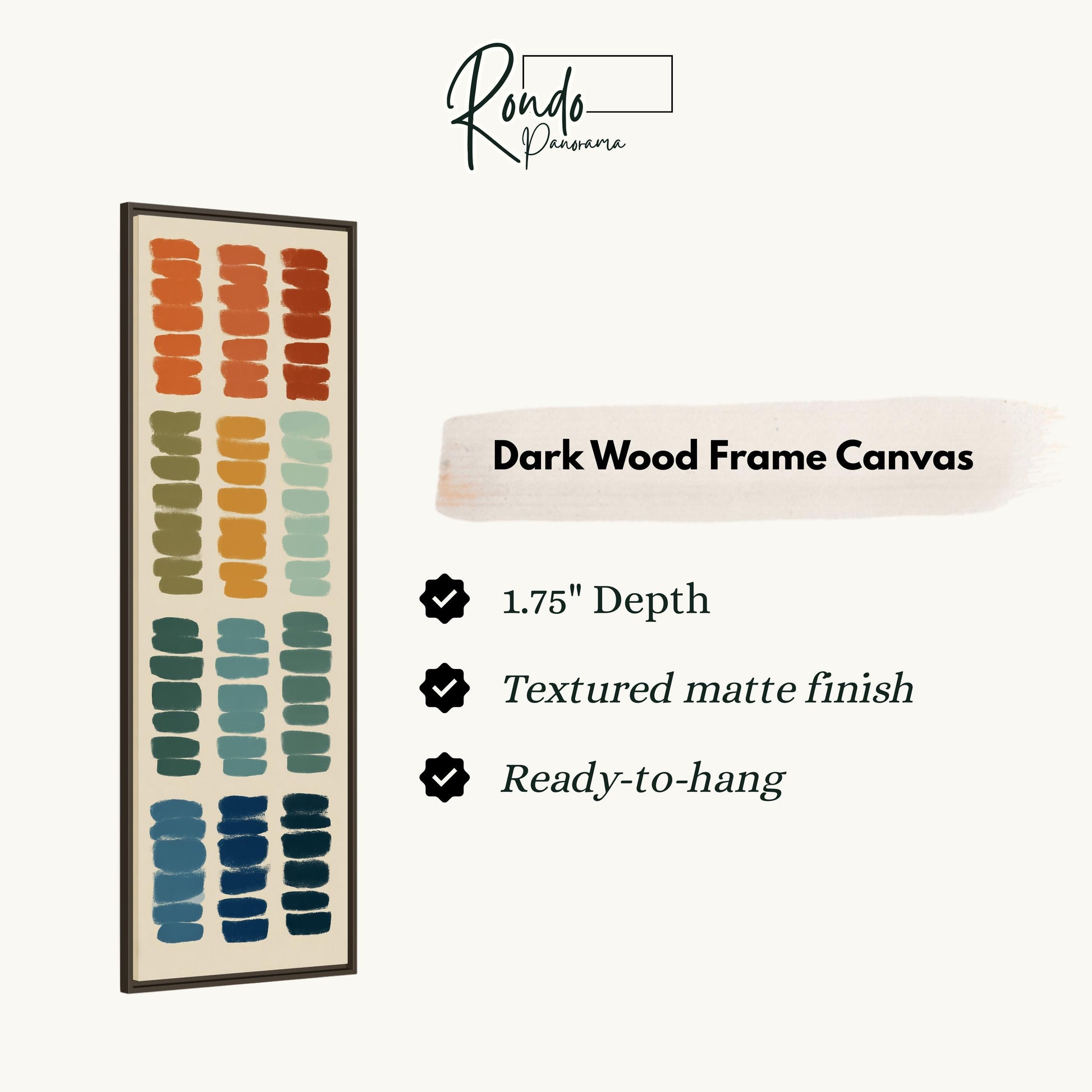 The image is a product description for a dark wood frame canvas. It features a vertical arrangement of various shades of green, blue, orange, and red paint strokes on a white background. The canvas is described as having a 1.75" depth, a textured matte finish, and is ready to hang.