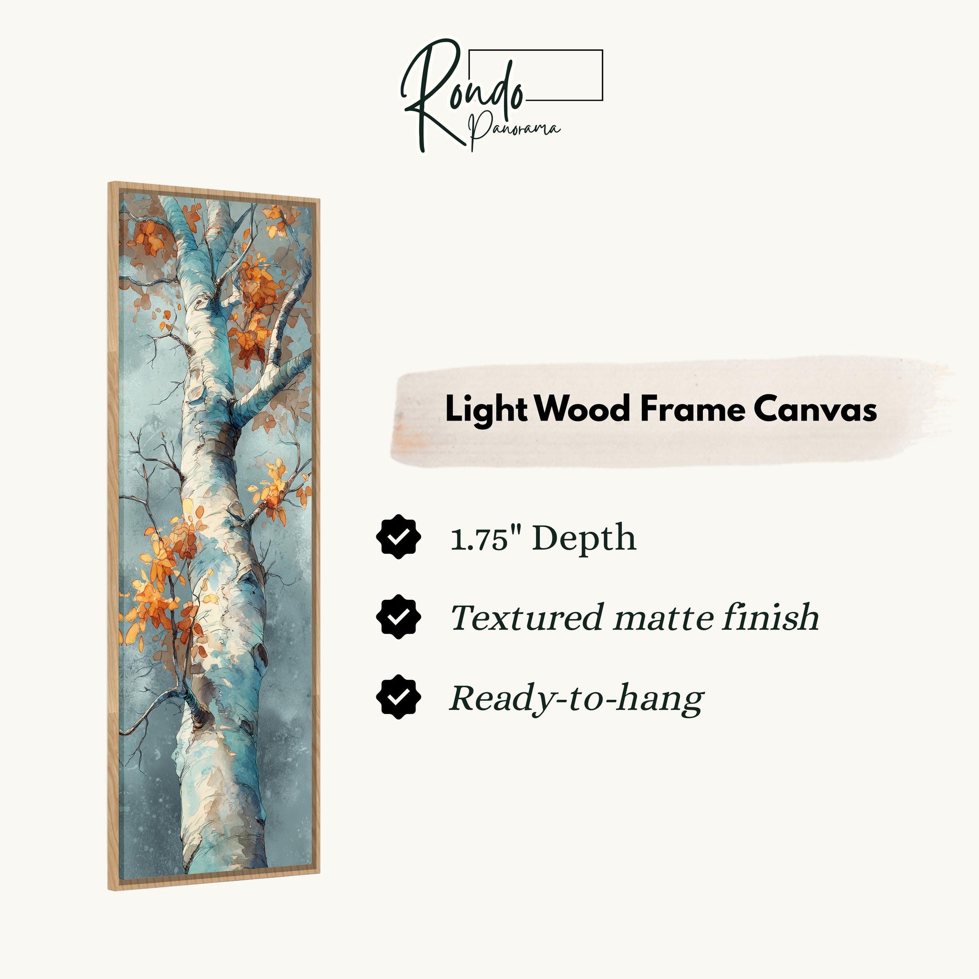 The image is a vertical painting of a tree with orange leaves, displayed on a light wood frame.