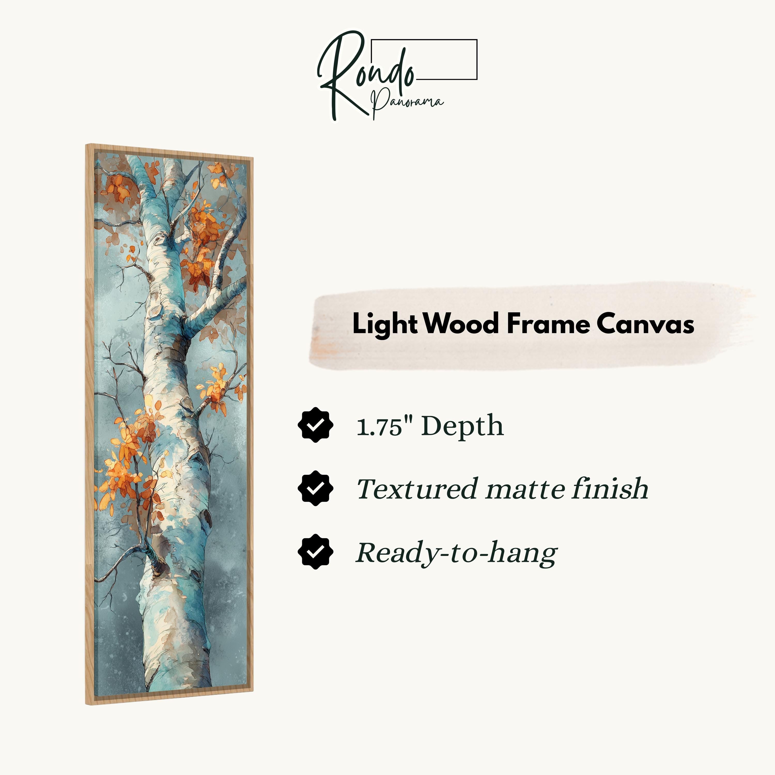The image is a vertical painting of a tree with orange leaves, displayed on a light wood frame.