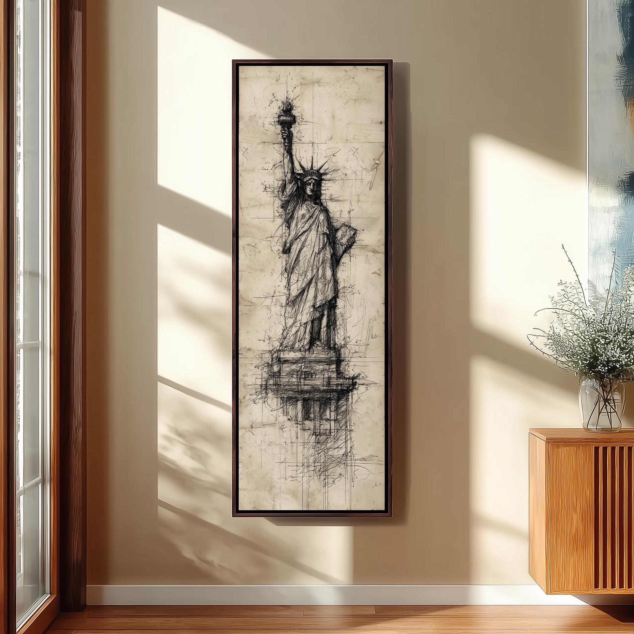 a large framed drawing of the Statue of Liberty on a wall.