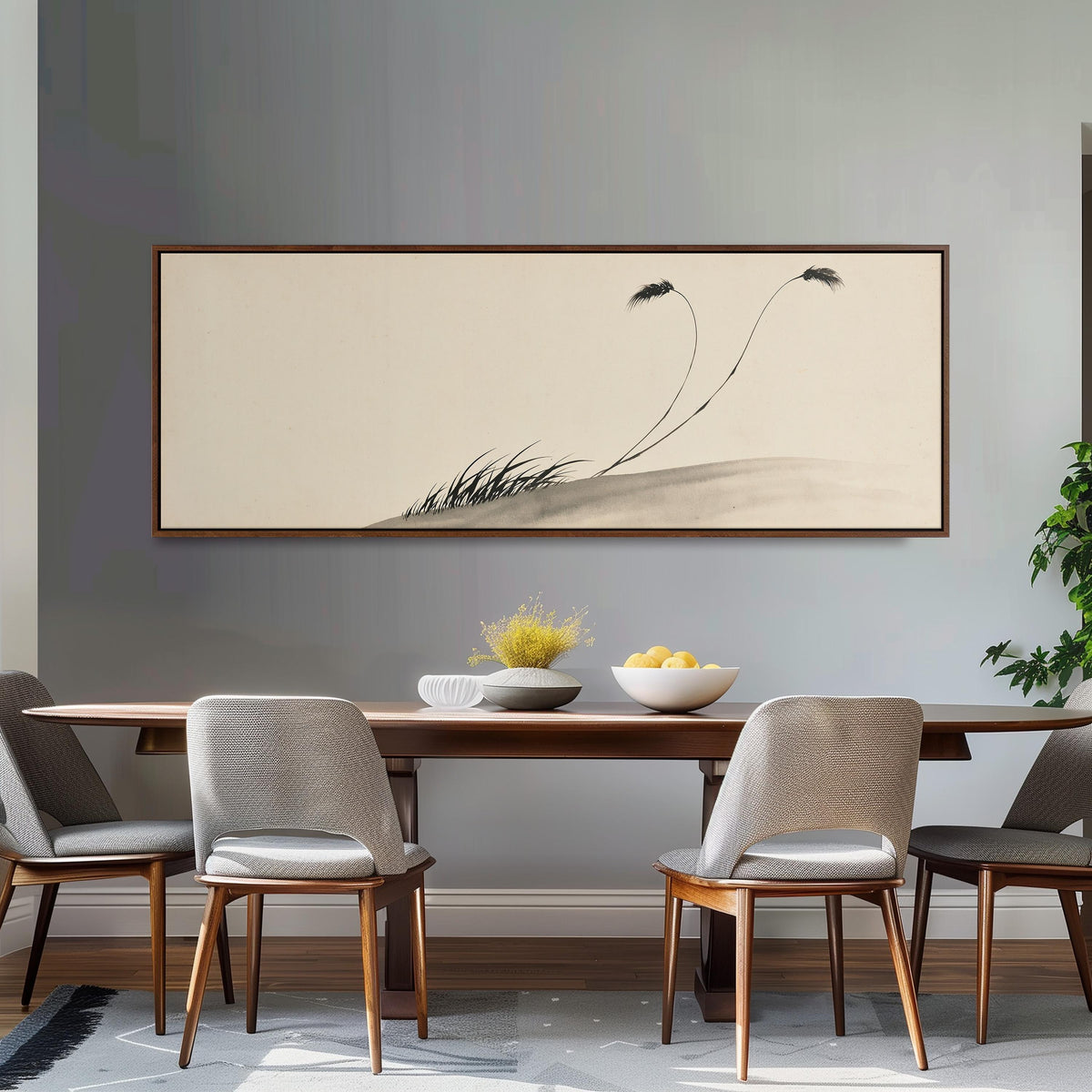 Two birds perched on bending ink reeds long horizontal canvas print above a dining table