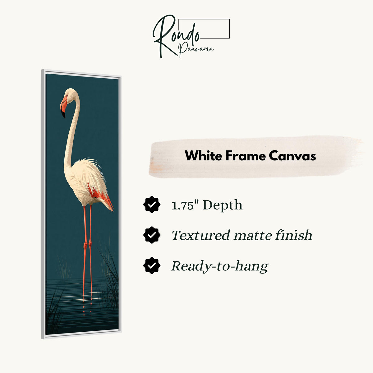 Pale flamingo standing on dark teal canvas print in a white floating frame