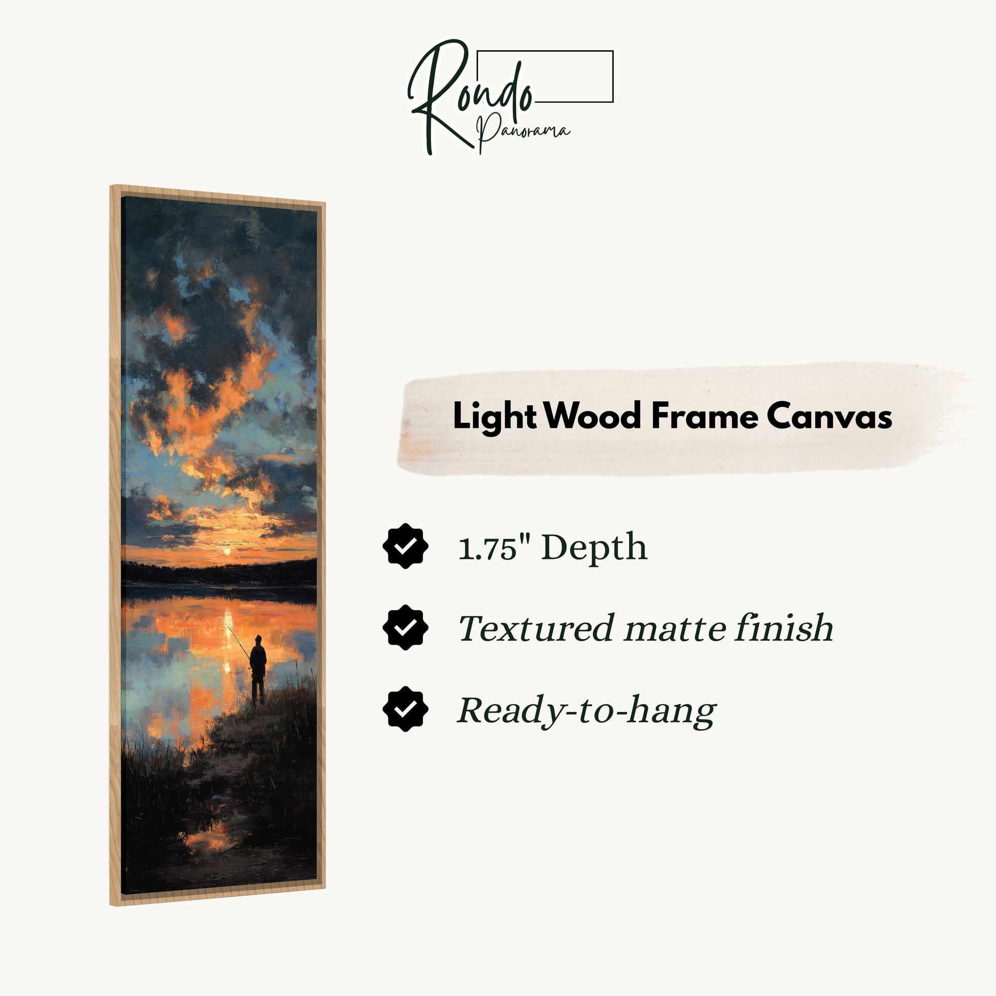 The image is a vertical text box containing information about a light wood frame canvas.