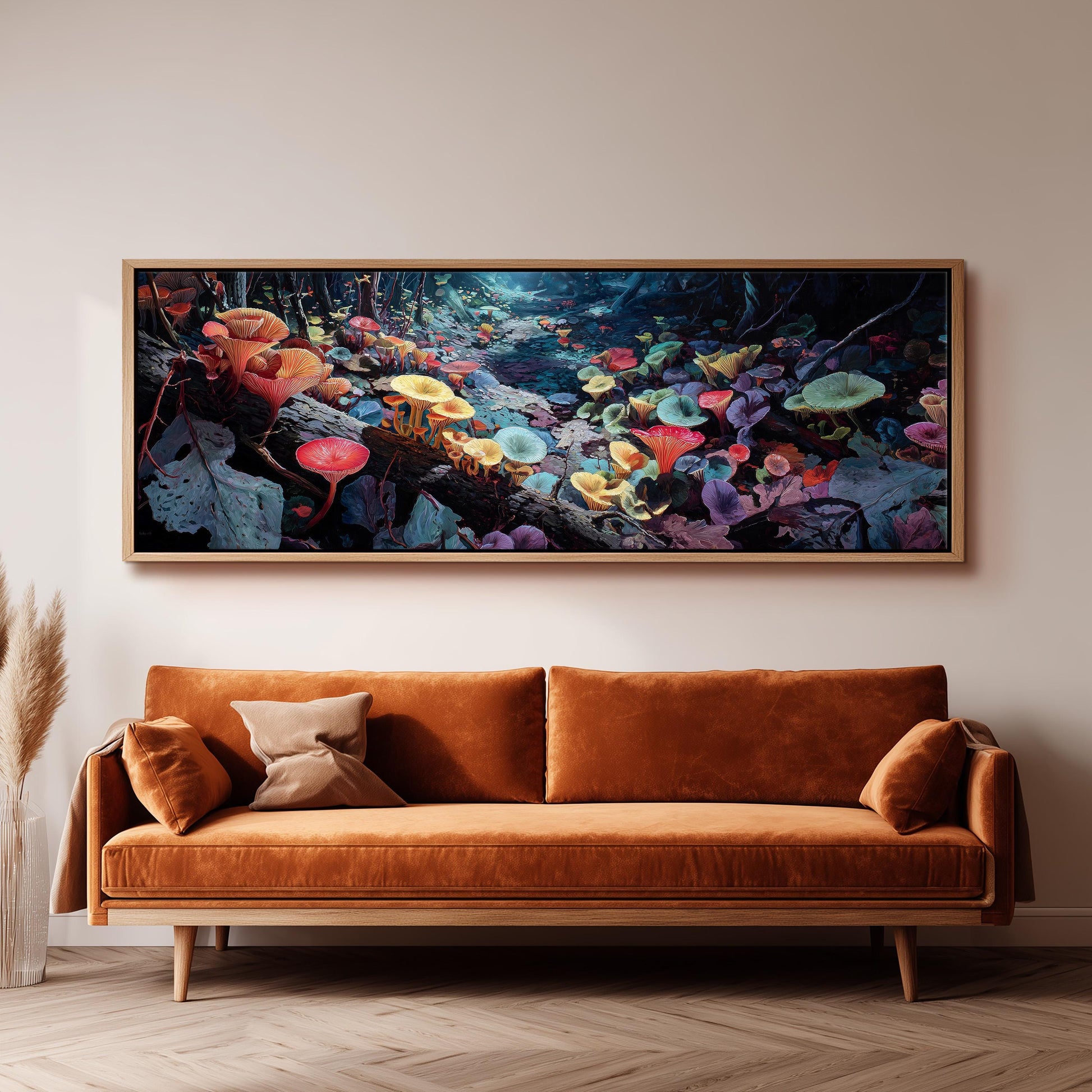 a large, vibrant painting of a colorful underwater scene hanging on a wall above a brown sofa.