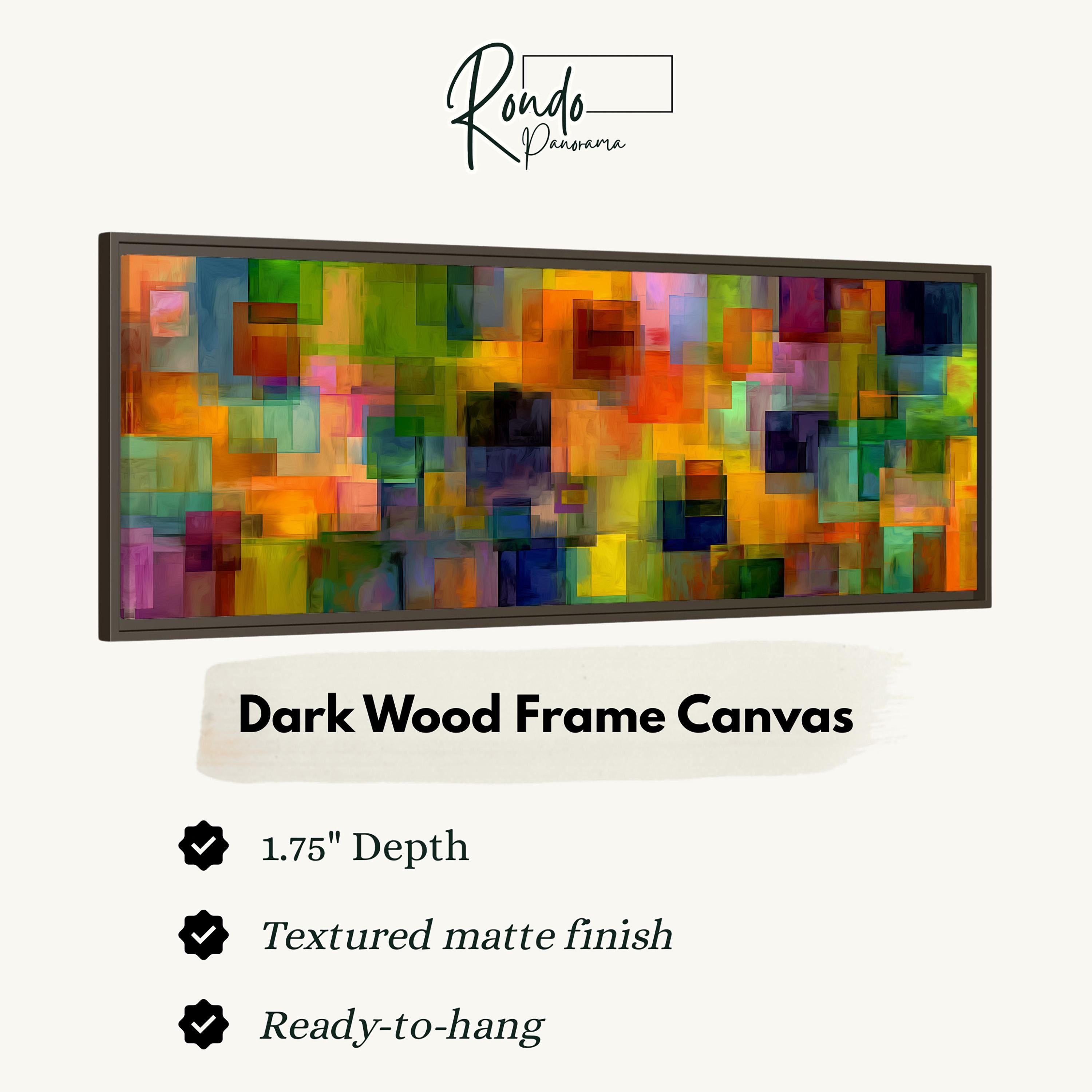 The image is a collage of various colorful abstract artworks, and it is described as a "Dark Wood Frame Canvas" with a 1.75" depth, a textured matte finish, and a ready-to-hang feature.