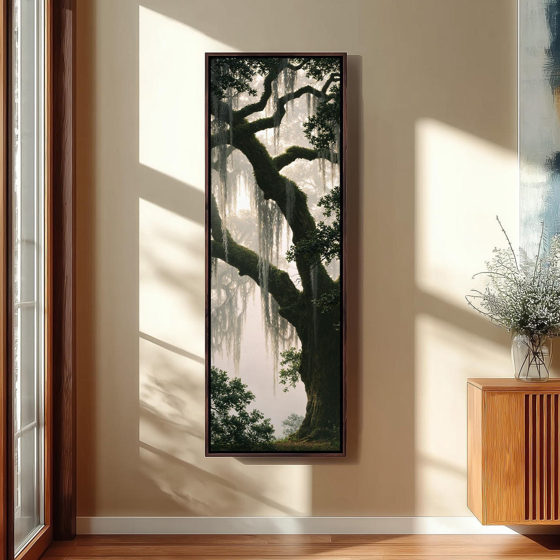 Live oak with Spanish moss in a misty forest long vertical canvas print in a sunlit living space