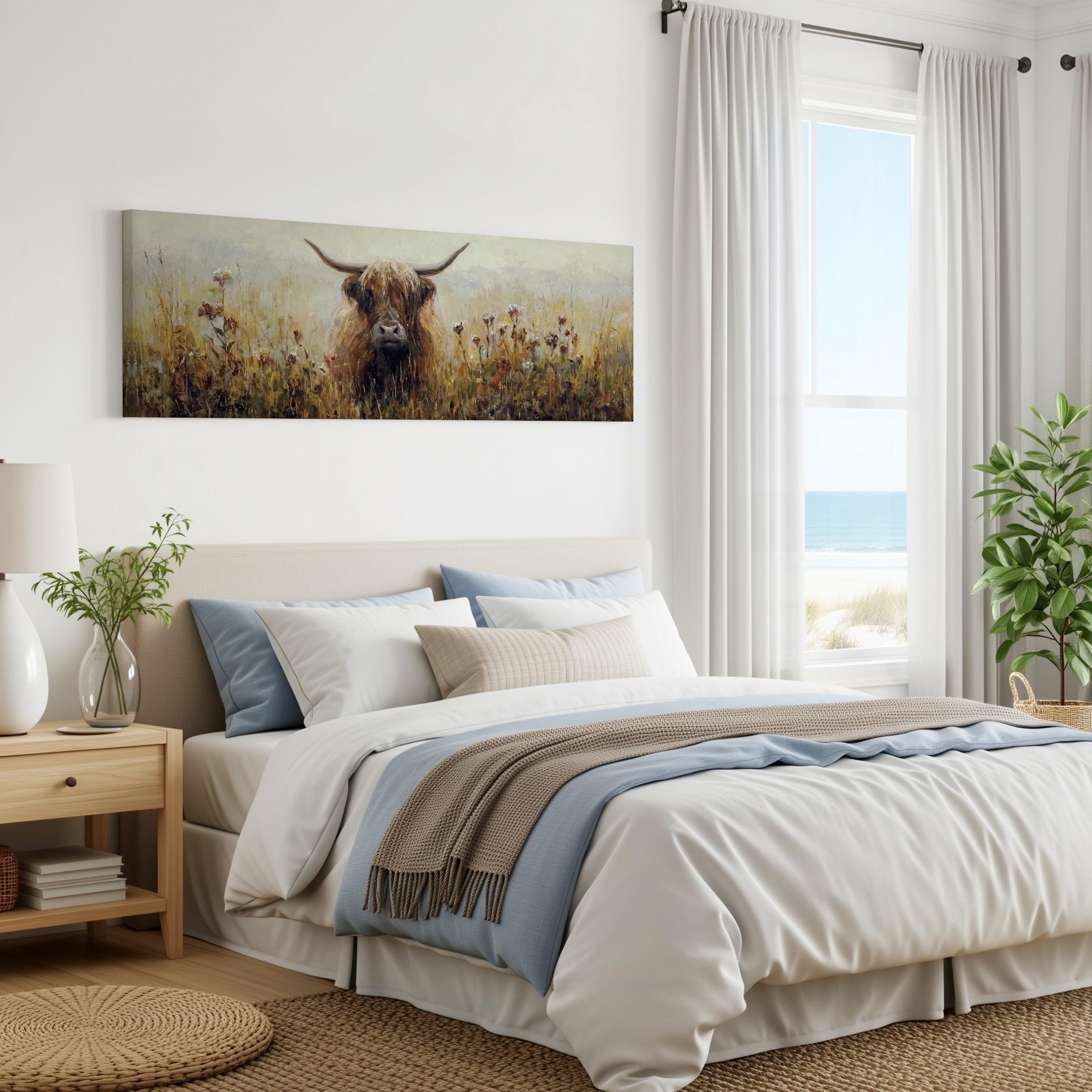 a serene bedroom scene with a large bed, a nightstand, and a painting of a cow in a field. The cow is the focal point of the painting, which is hung on the wall above the bed. The room has a calming and peaceful atmosphere, with natural elements such as a window overlooking the ocean and a potted plant adding to the overall aesthetic.