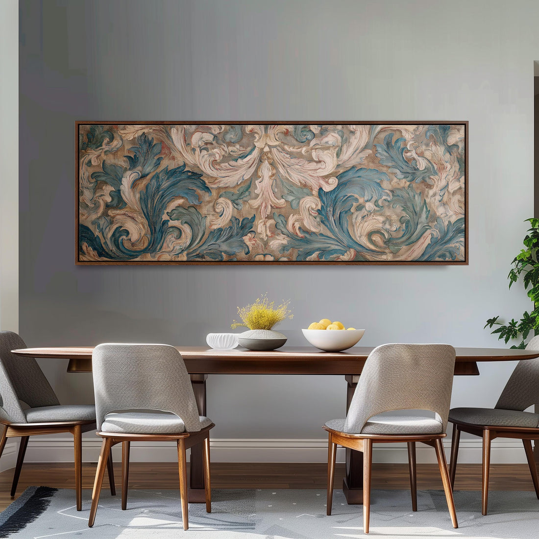 a large, ornate painting hanging on a wall above a white sofa with gray and white patterned throw pillows.