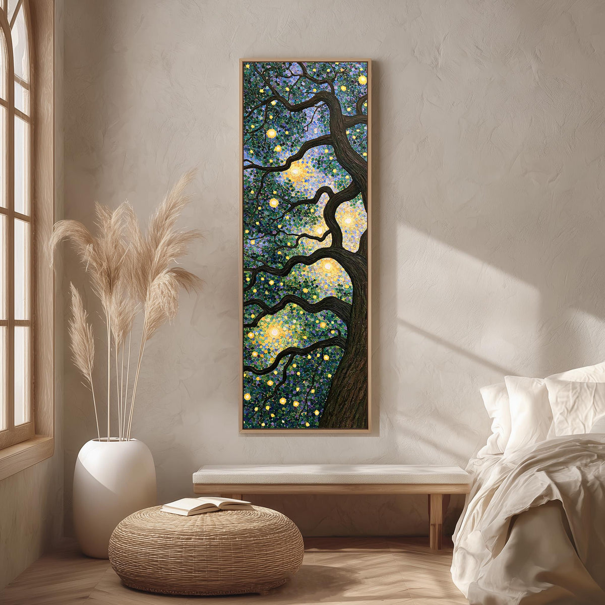 Tree canopy twinkling with golden lights long vertical canvas print in a bright reading corner