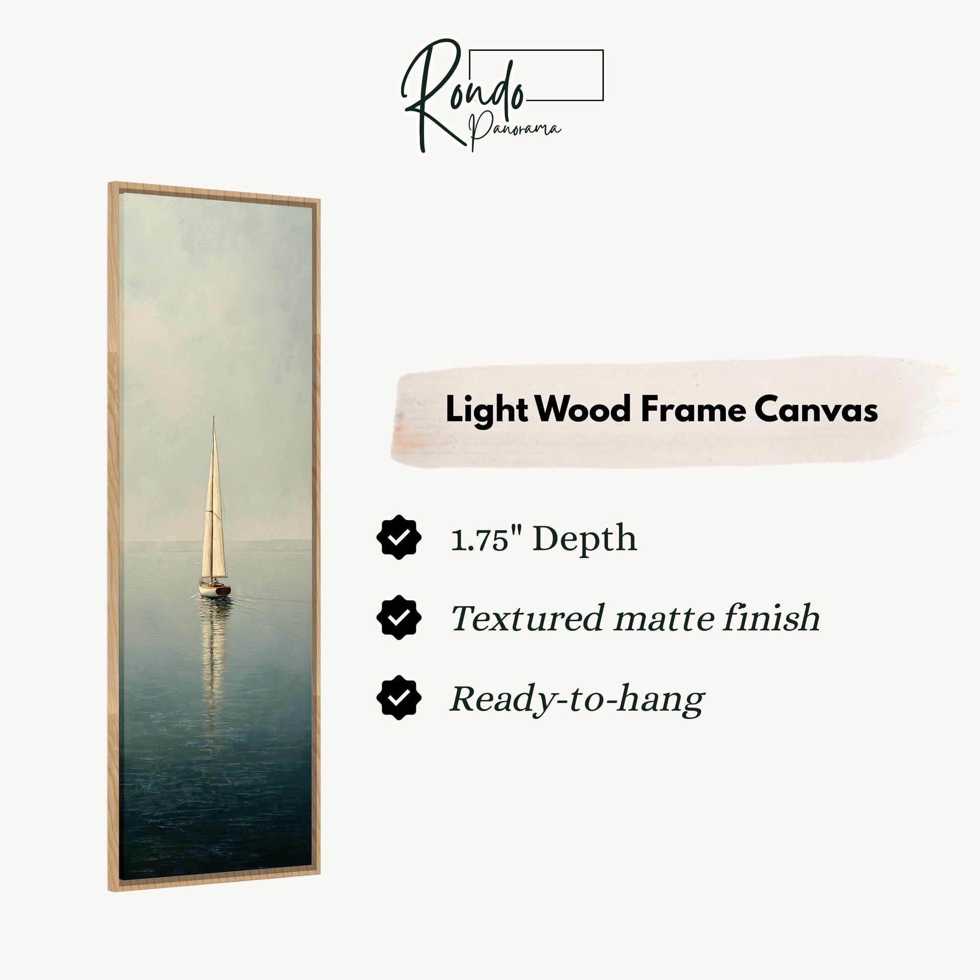 a sailboat on the water, with a light wood frame canvas hanging on a wall.