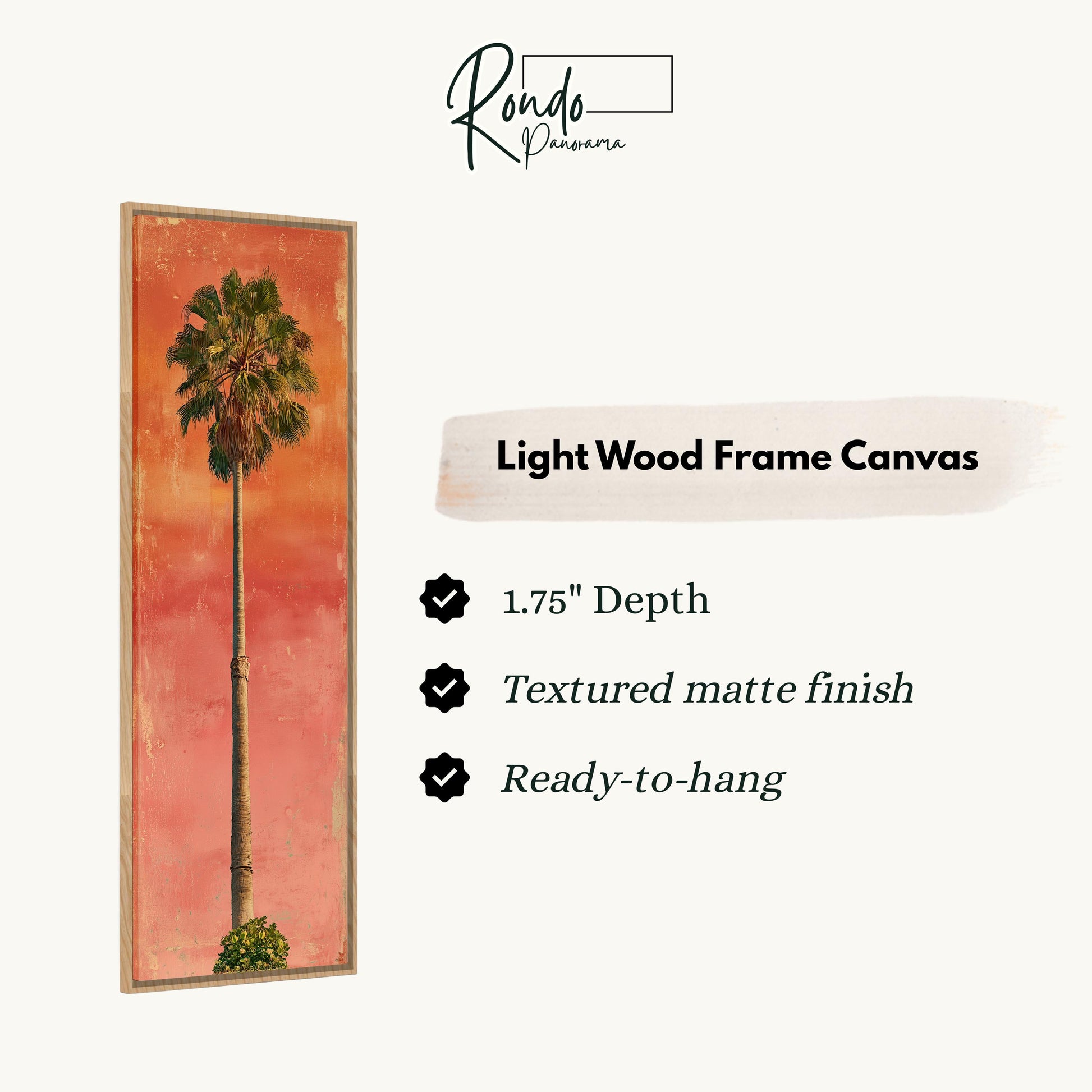 The image is a light wood frame canvas featuring a palm tree in a red and orange background.