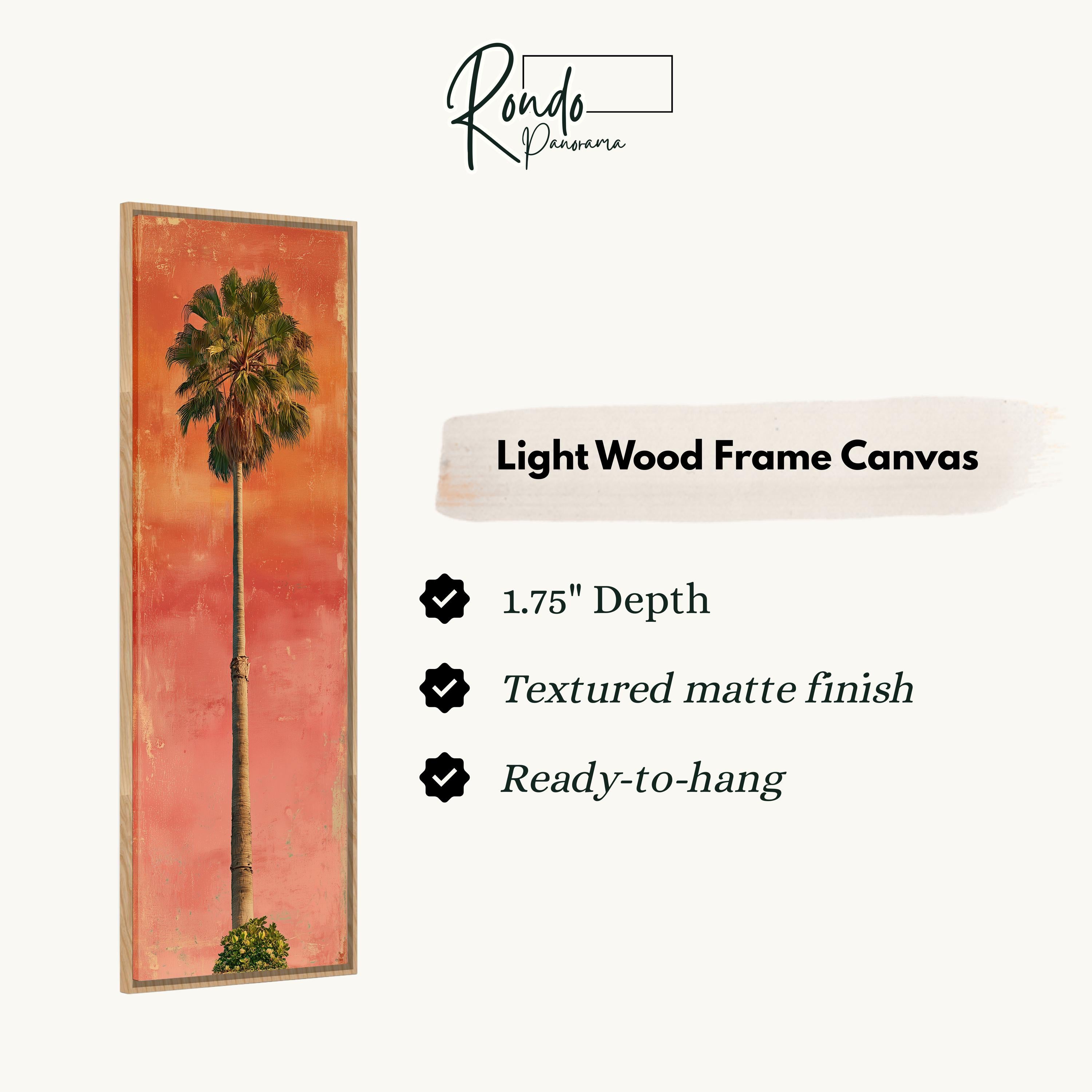 The image is a light wood frame canvas featuring a palm tree in a red and orange background.