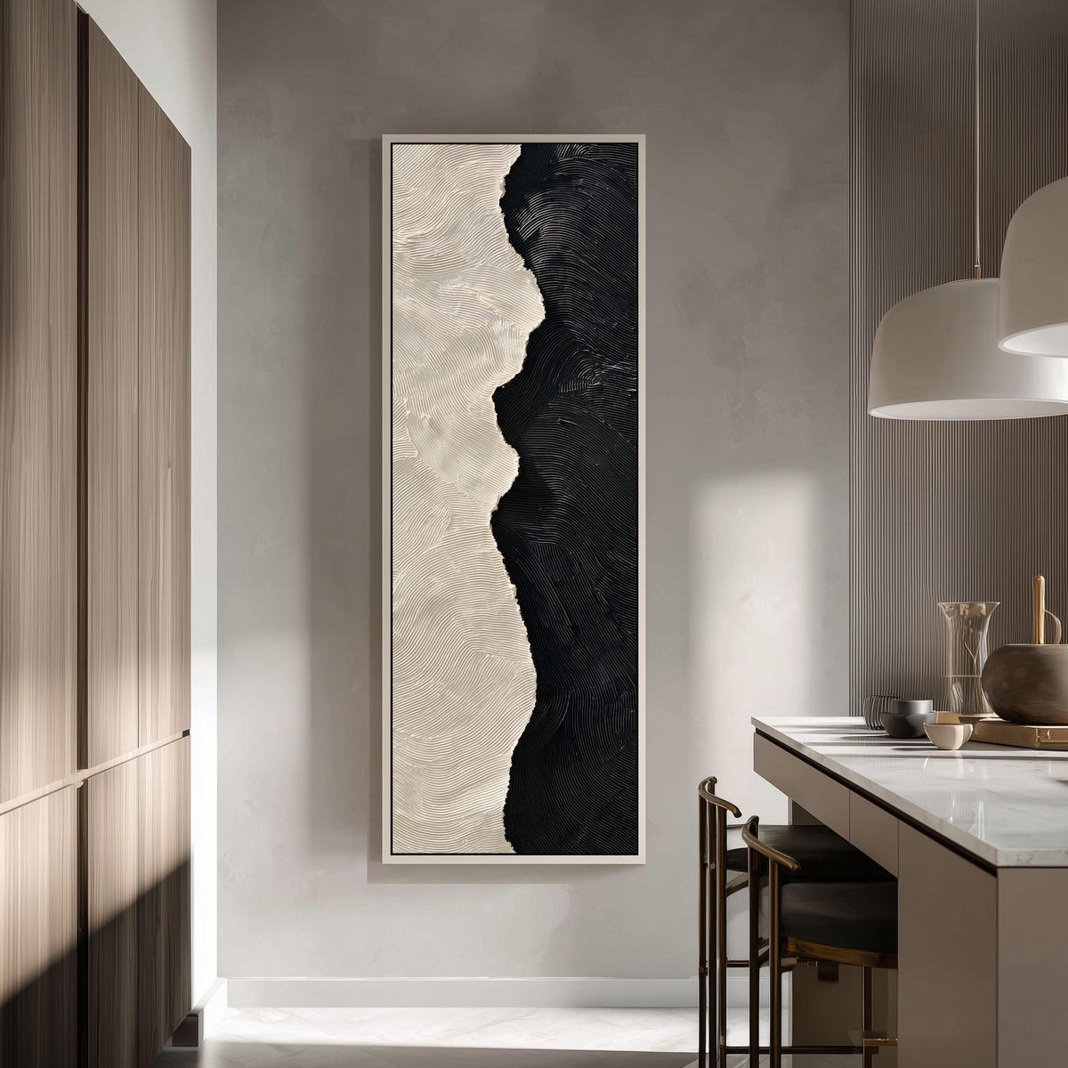 Black and cream textured brushstroke tall skinny canvas print in a modern kitchen