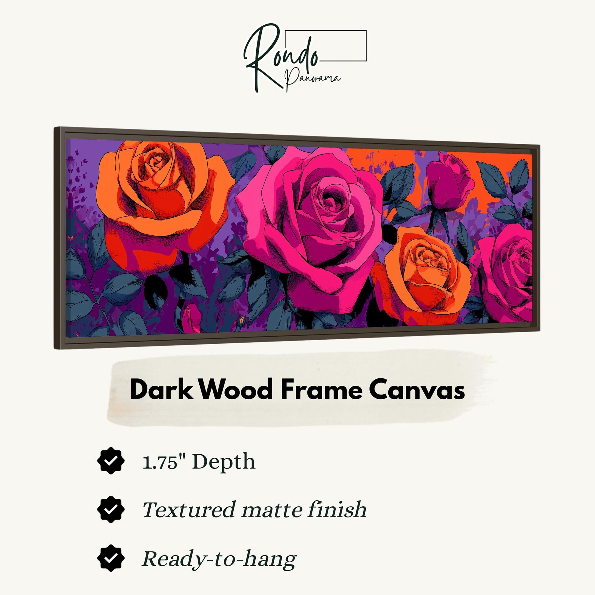 The image is a framed canvas featuring a vibrant illustration of pink roses against a purple background.
