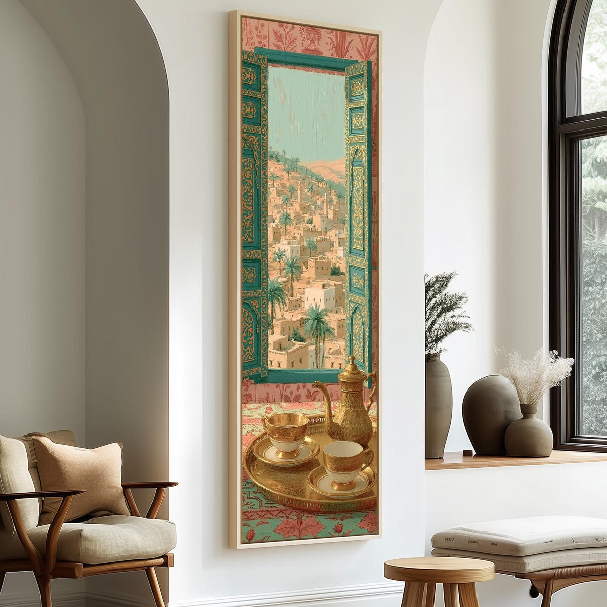 Moroccan tea set by an ornate window long vertical canvas print in a sunlit living space