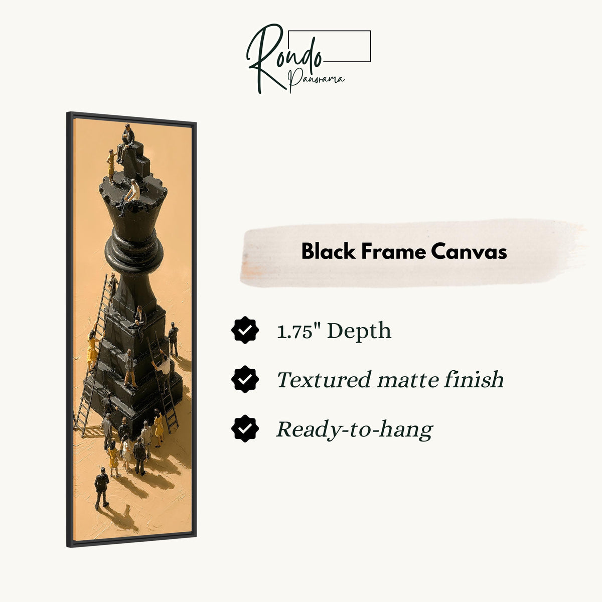 Tiny workers climbing a giant chess king canvas print in a black floating frame