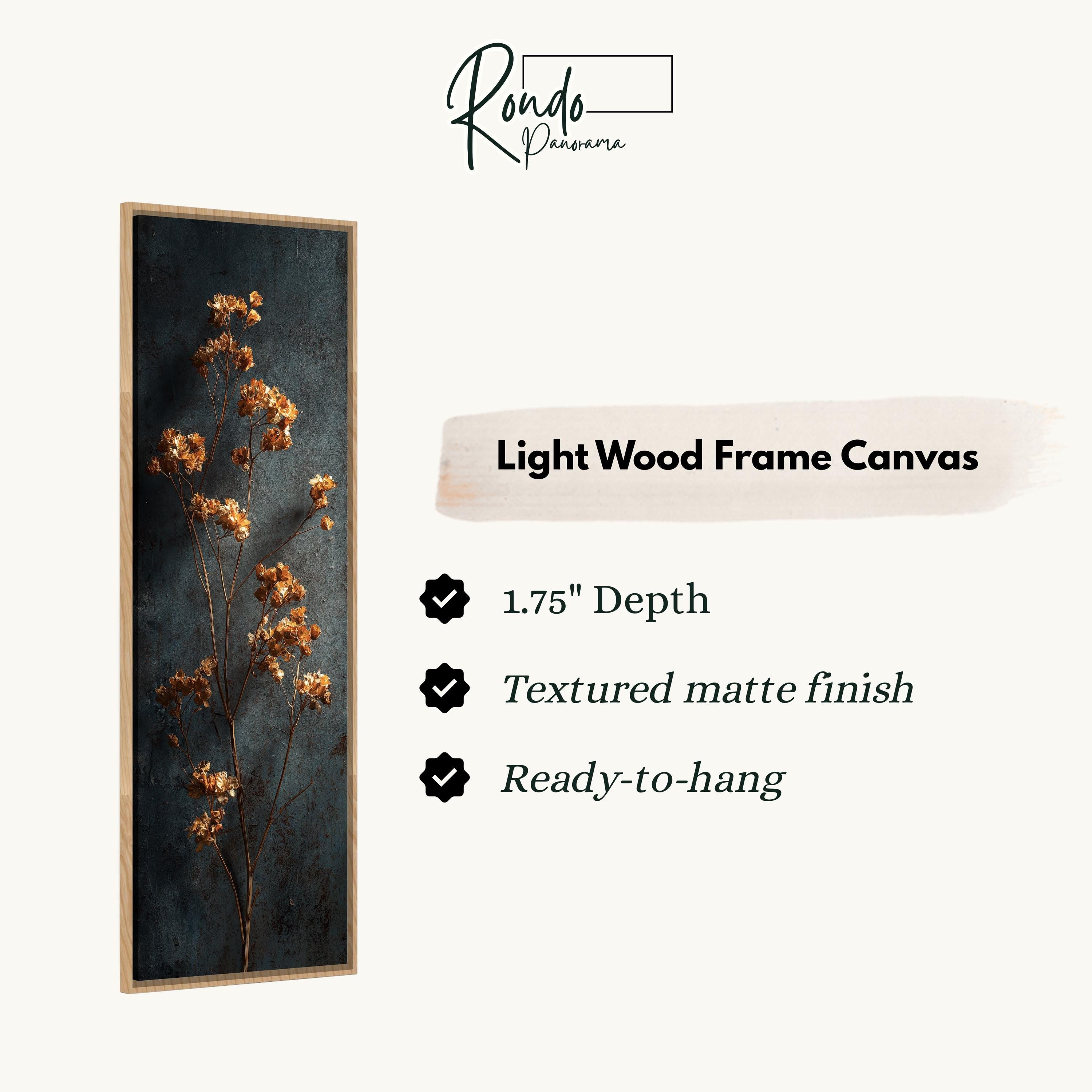 The image is a light wood frame canvas featuring a close-up of a plant with delicate flowers.