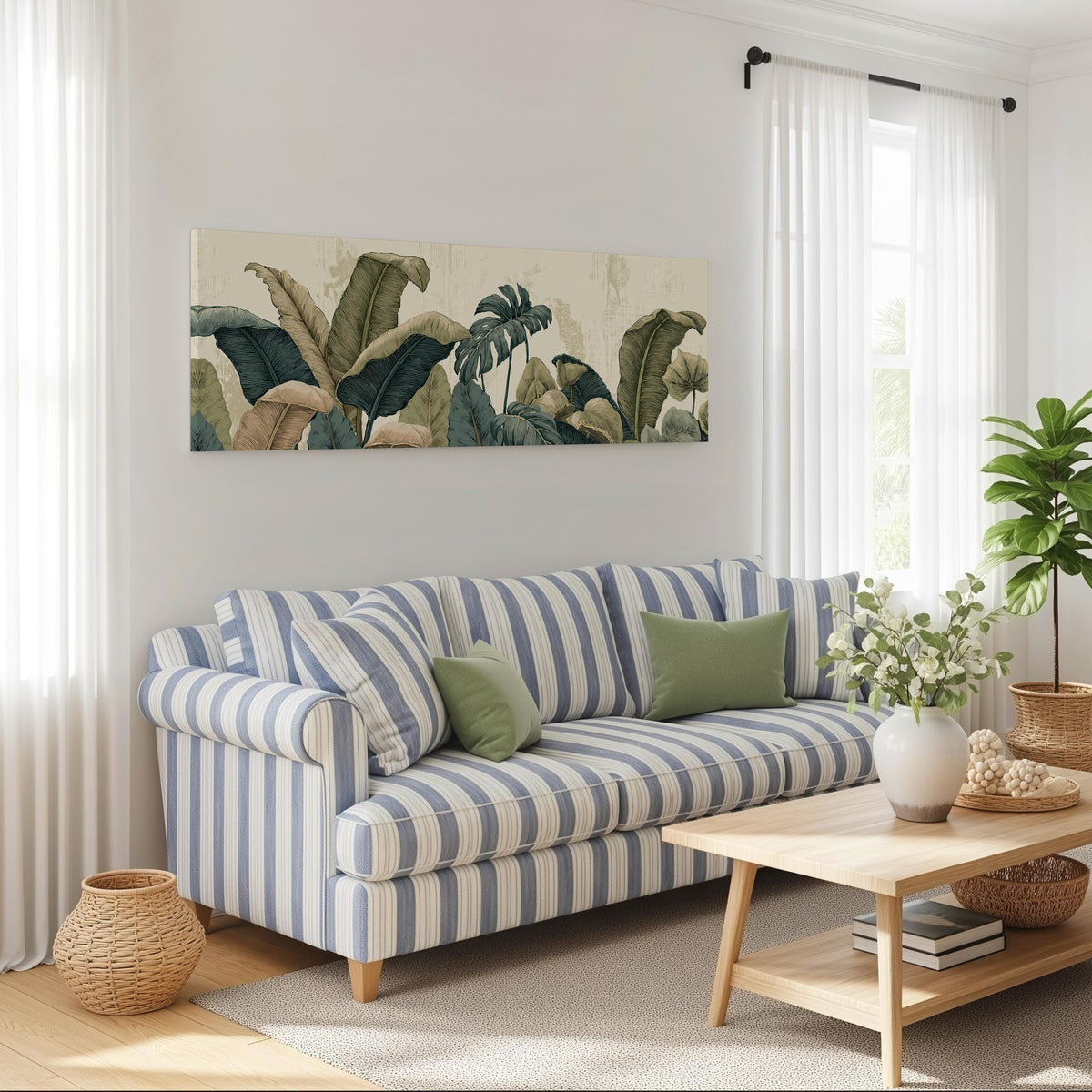 Vintage tropical leaves long horizontal canvas print above a striped sofa in a coastal living room