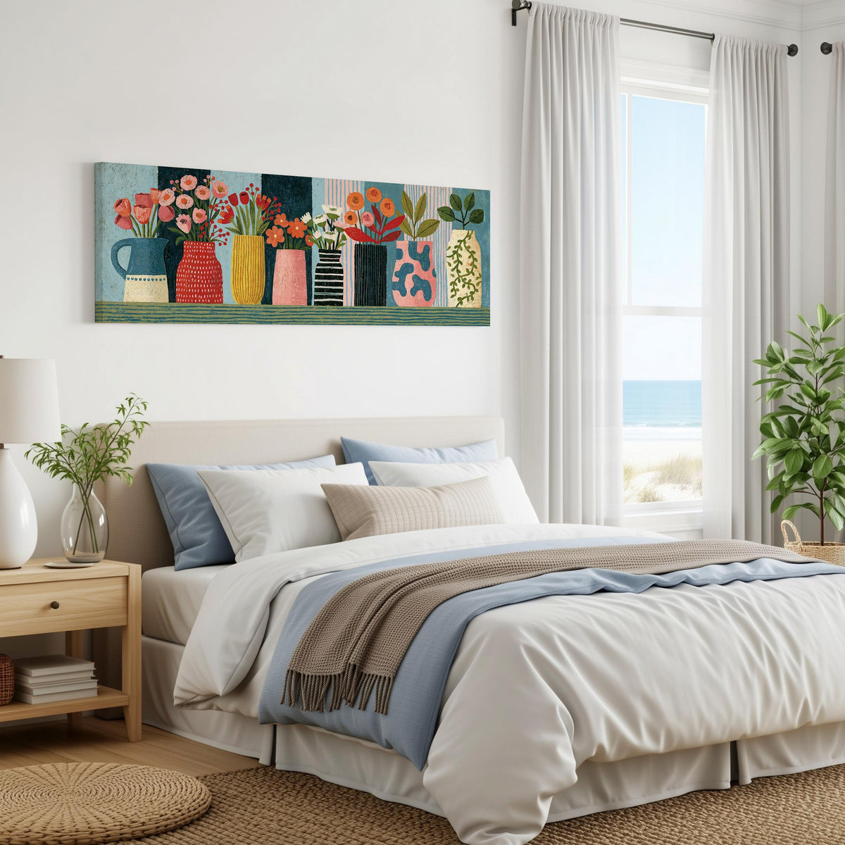 Row of folk art flower vases panoramic canvas print above a bed in a coastal bedroom