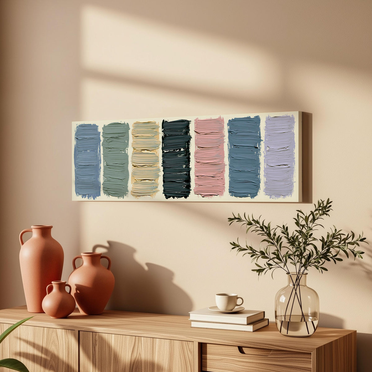 Pastel brushstroke color swatches long horizontal canvas print above a wooden sideboard