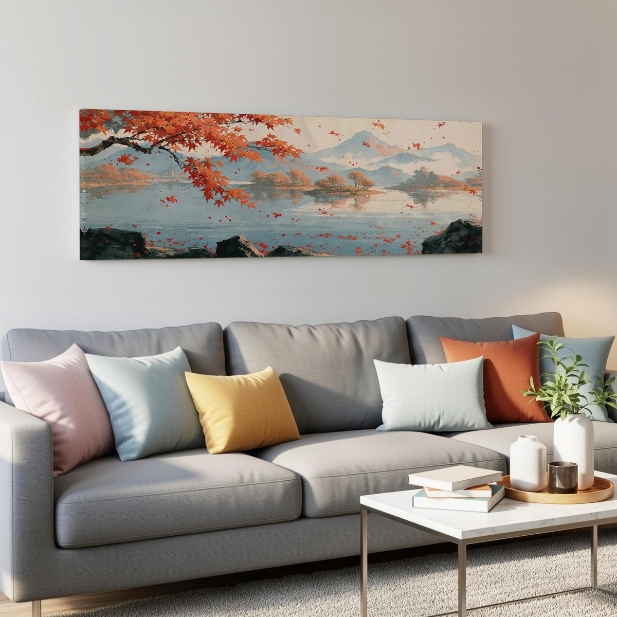Japanese maple over a misty lake panoramic canvas print above a grey sofa in a living room