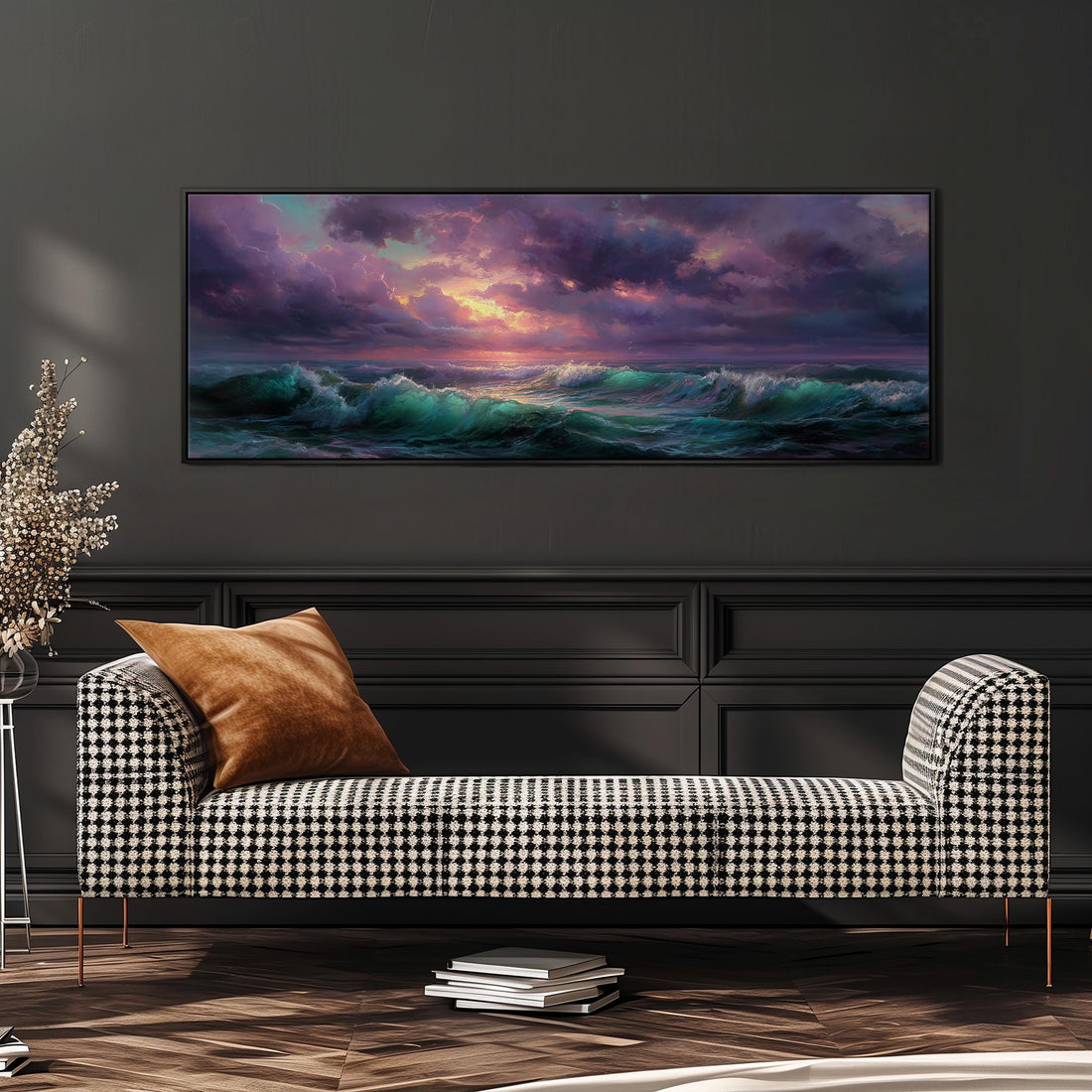 a large, colorful painting of a stormy ocean scene hanging on a wall above a black and white checkered sofa.