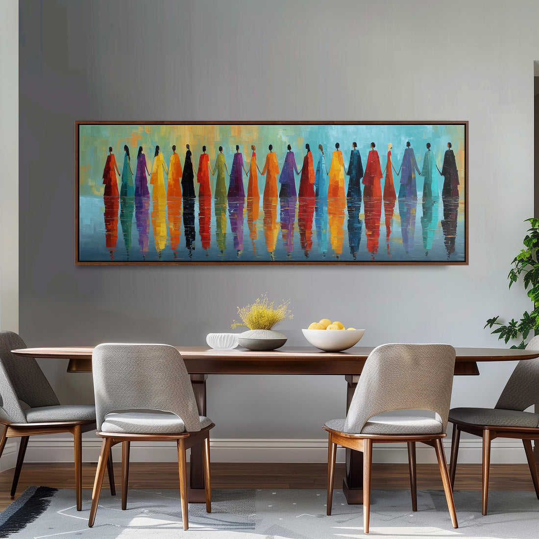 a large, colorful painting of people standing in a row, with their reflections visible in the water below. The painting is displayed on a wall above a brown sofa, creating a visually striking and vibrant atmosphere in the room.