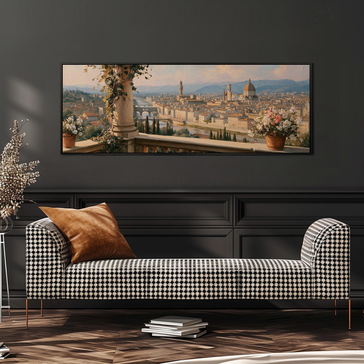 Florence skyline from a flowered balcony wide panoramic canvas print above a bench in a dark living room
