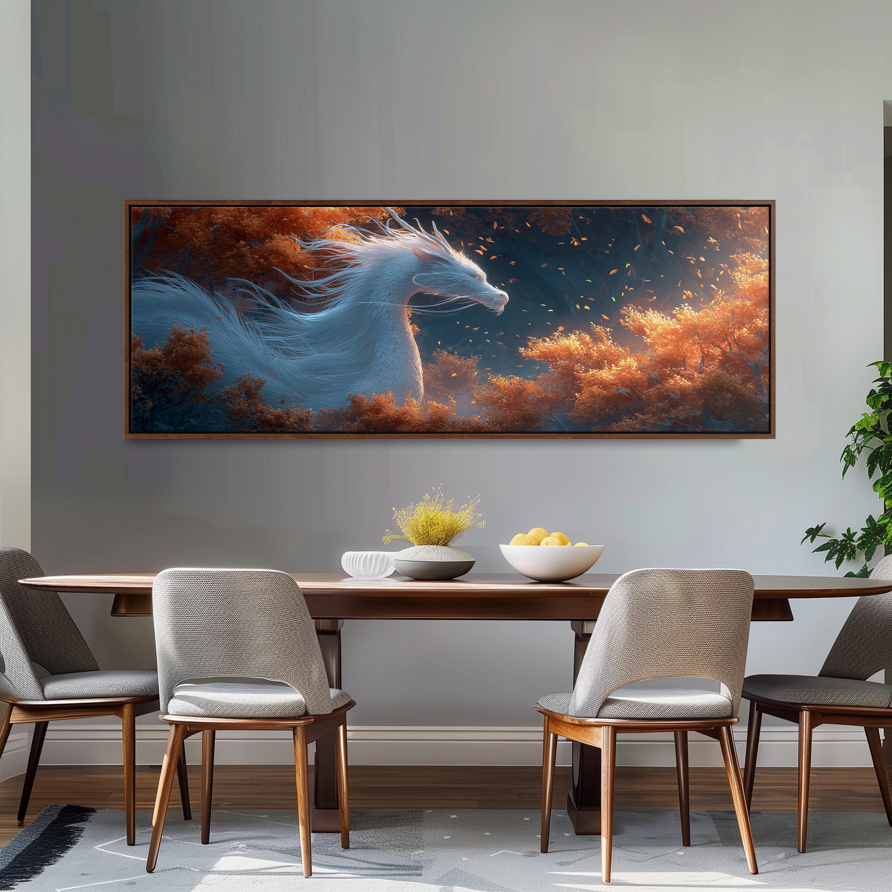 a large, colorful painting of a dragon-like creature soaring through a vibrant, fiery sky above a wooden dining table.