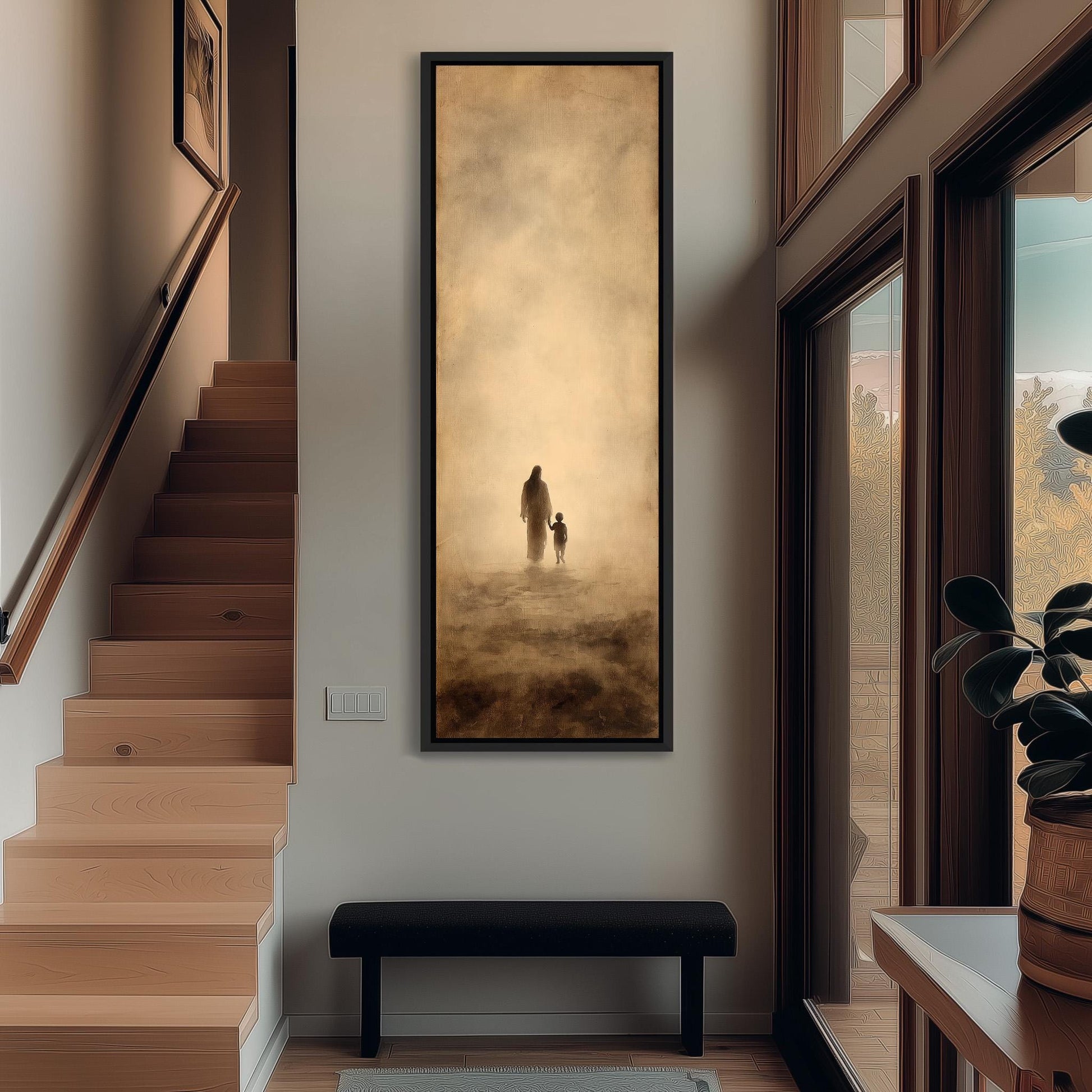 a hallway with a large painting of a man and a child standing in the distance, surrounded by a misty landscape.