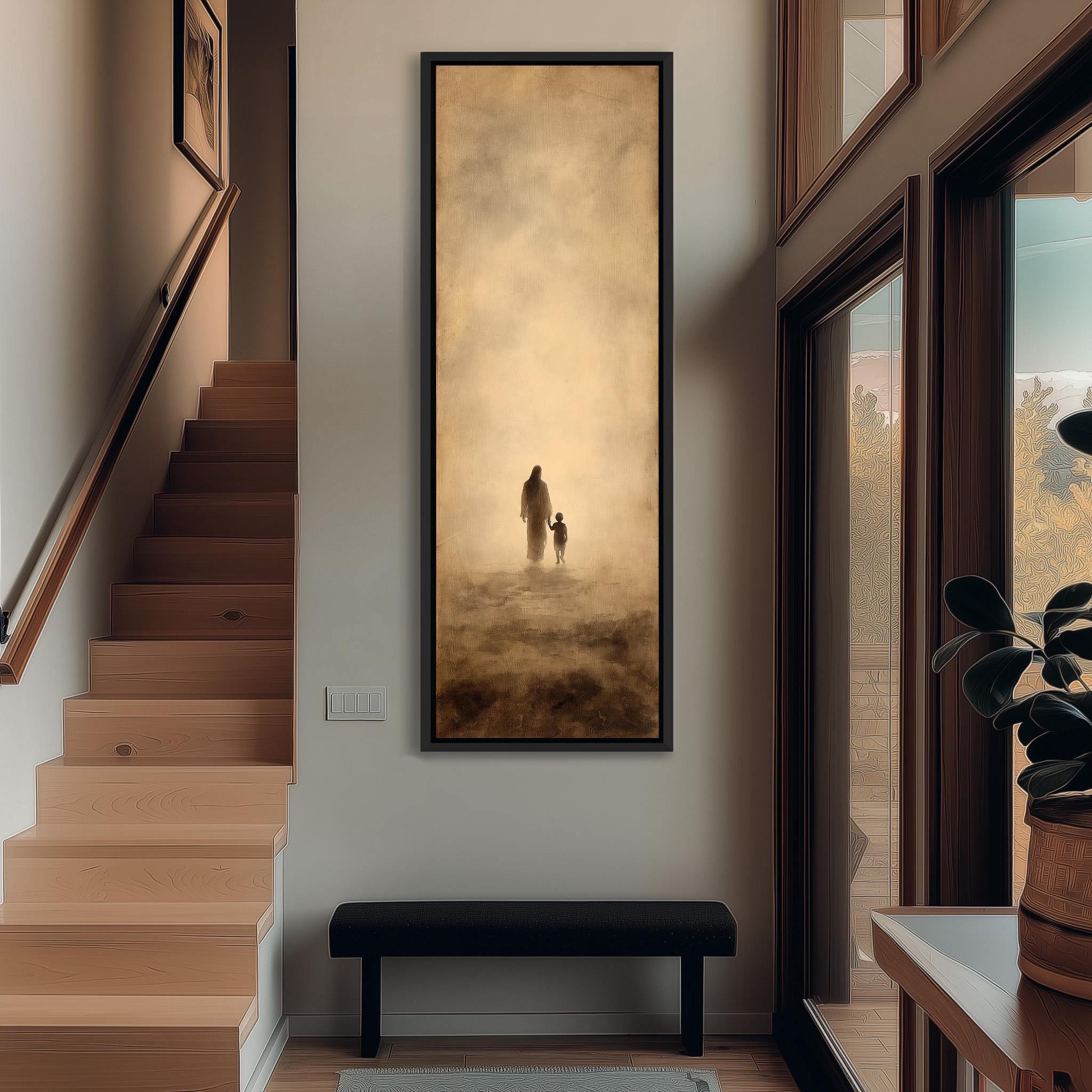 a hallway with a large painting of a man and a child standing in the distance, surrounded by a misty landscape.