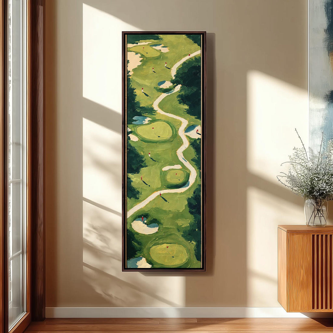 Golf course fairway seen from above long vertical canvas print in a sunlit living space