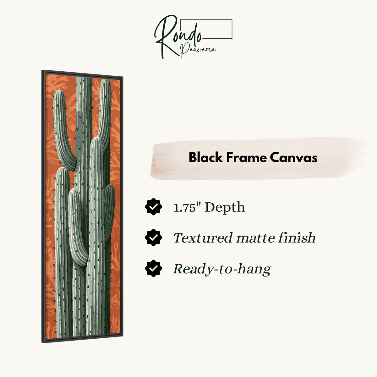 Saguaro cactus on a patterned terracotta background canvas print in a black floating frame