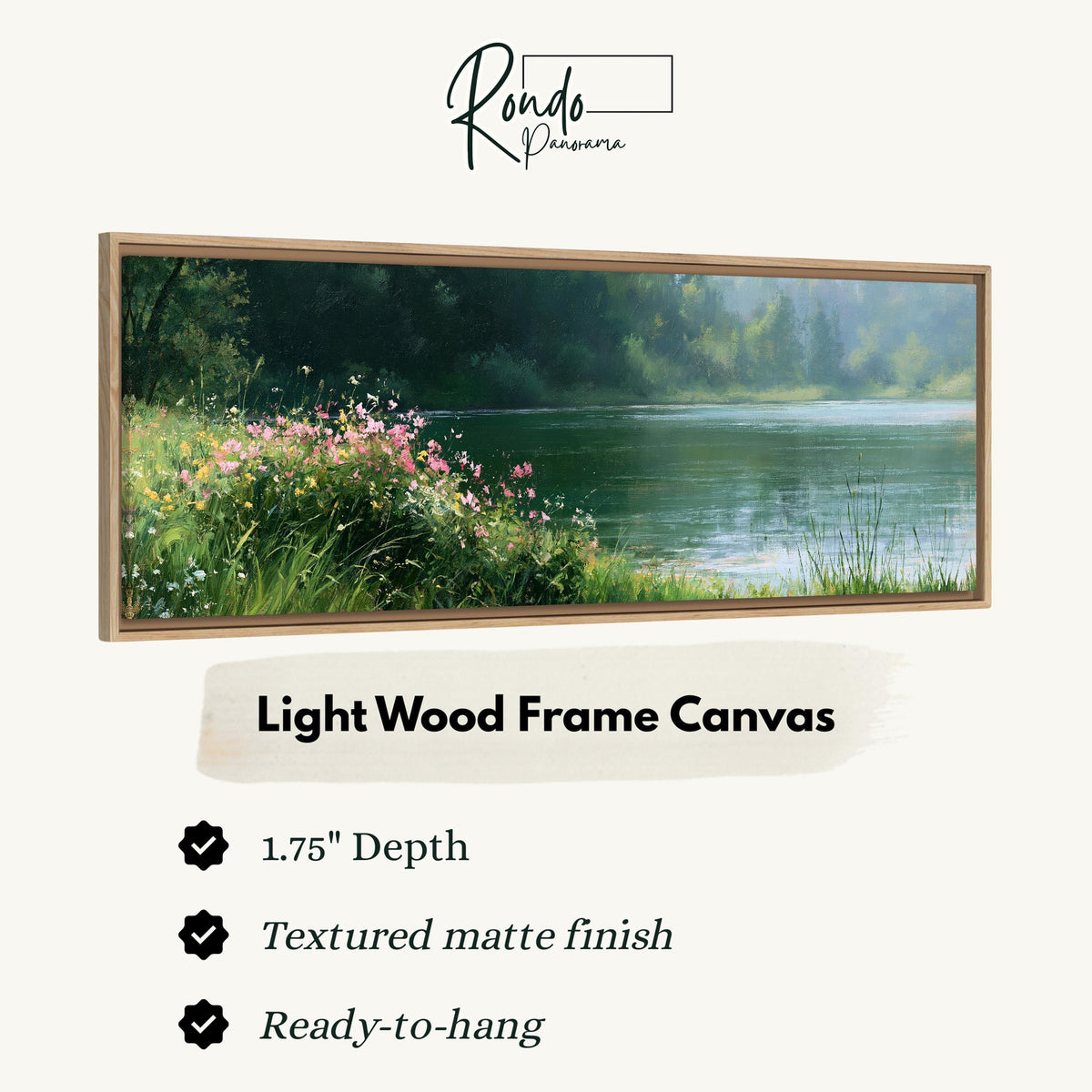 Pink wildflowers on a green lakeshore canvas print in a light wood floating frame