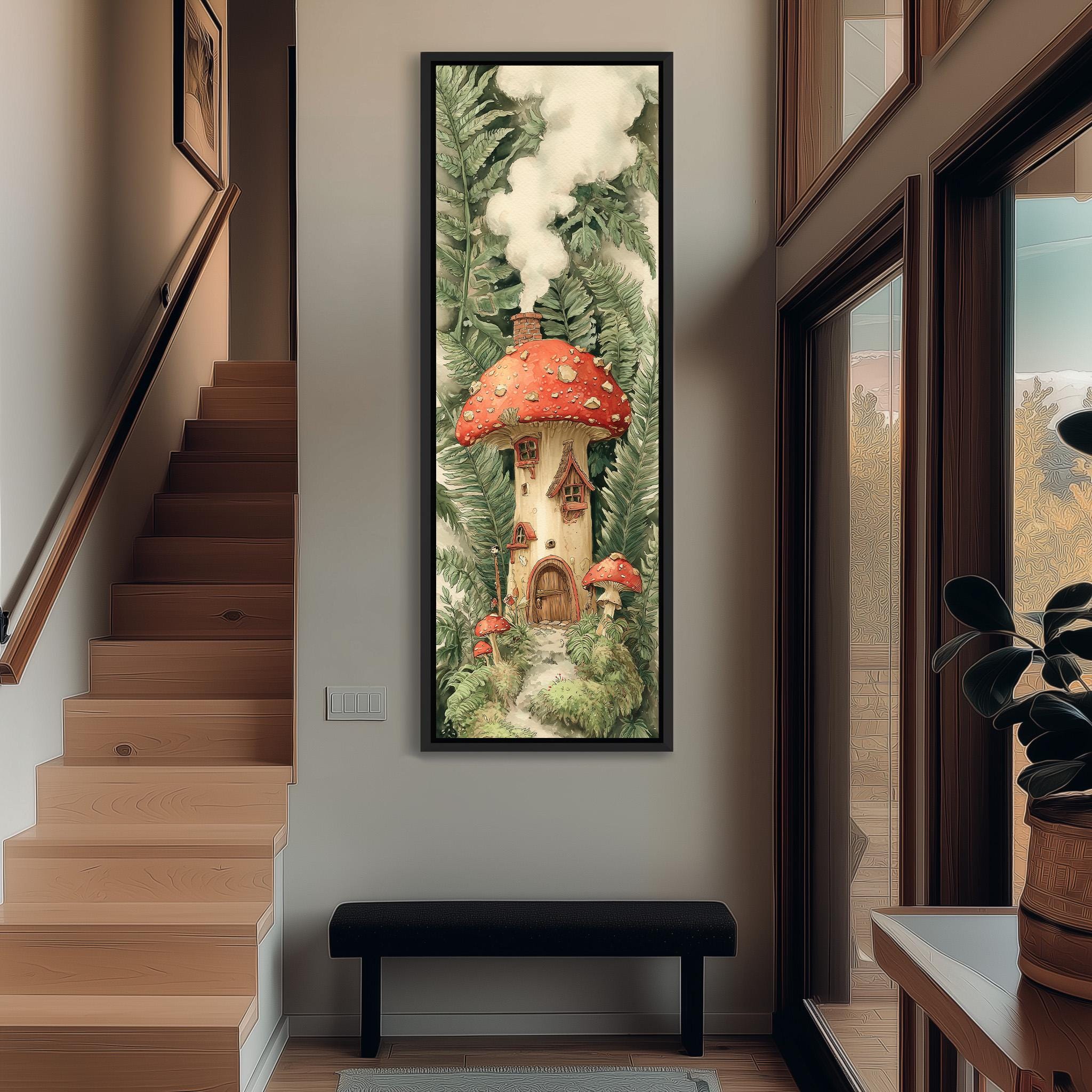 a large, colorful painting of a mushroom house hanging on a wall in a hallway.