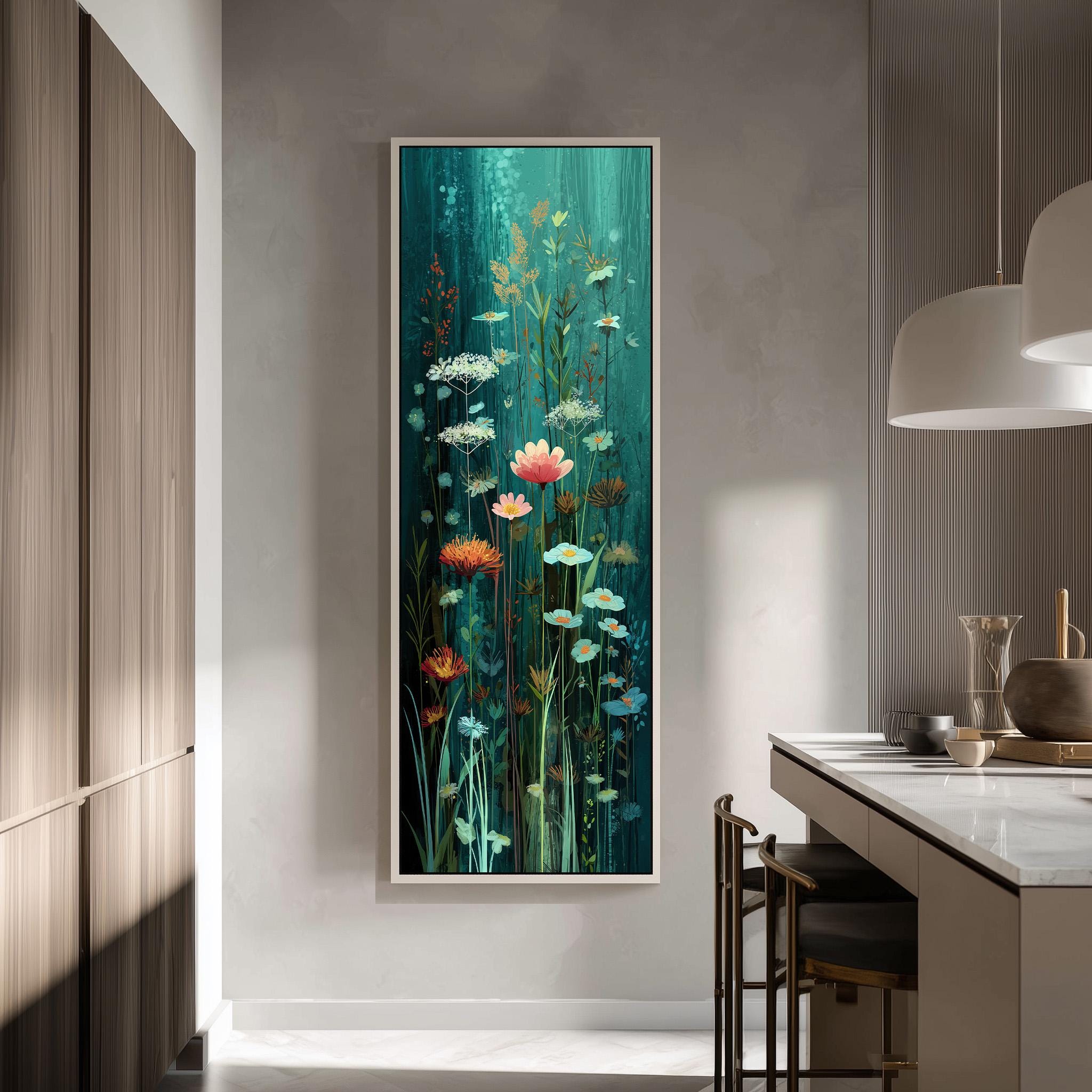 a large, colorful painting of flowers hanging on a wall in a modern kitchen.