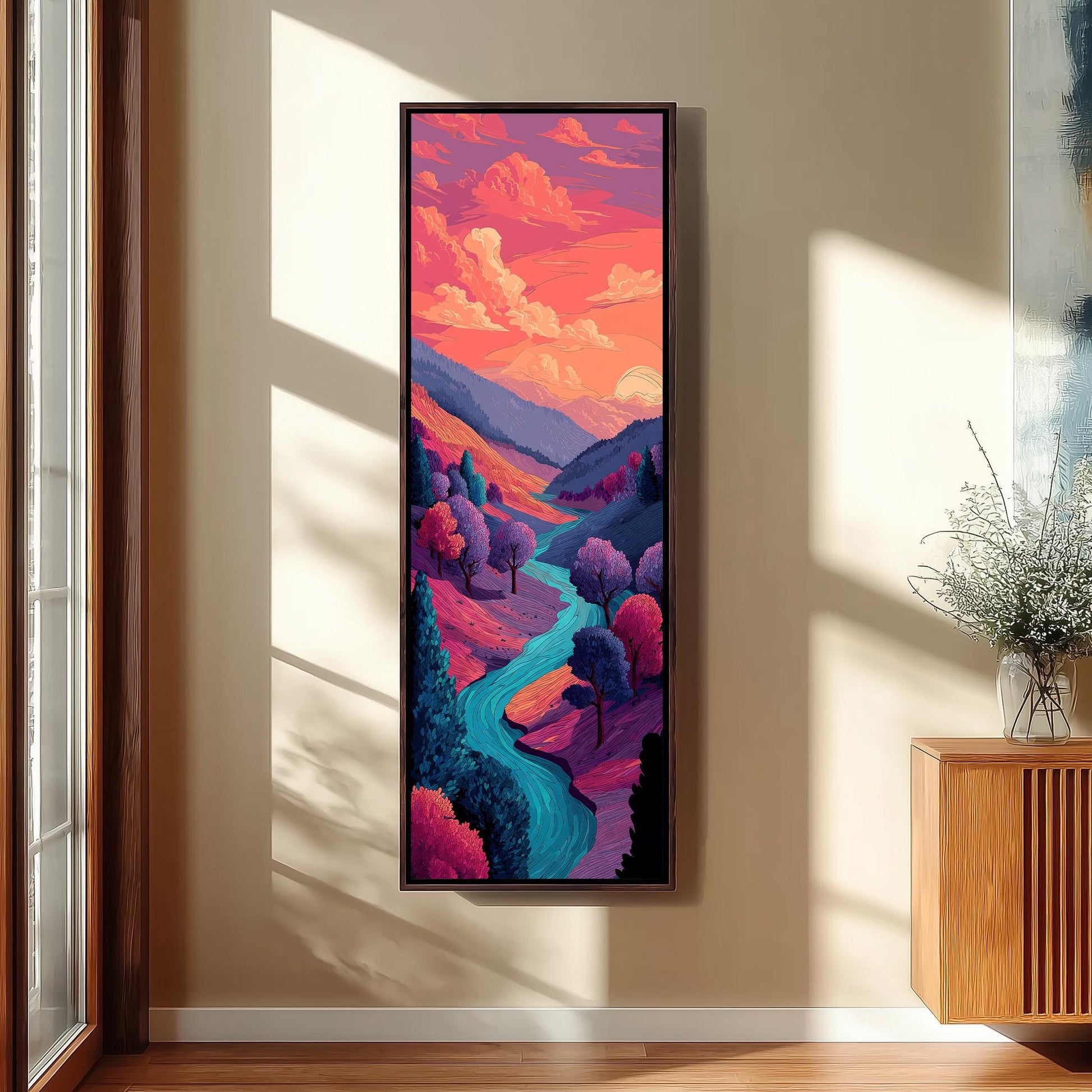 a large, colorful painting of a landscape with a winding river and mountains in the background, hanging on a wall in a room with a window and a wooden cabinet.