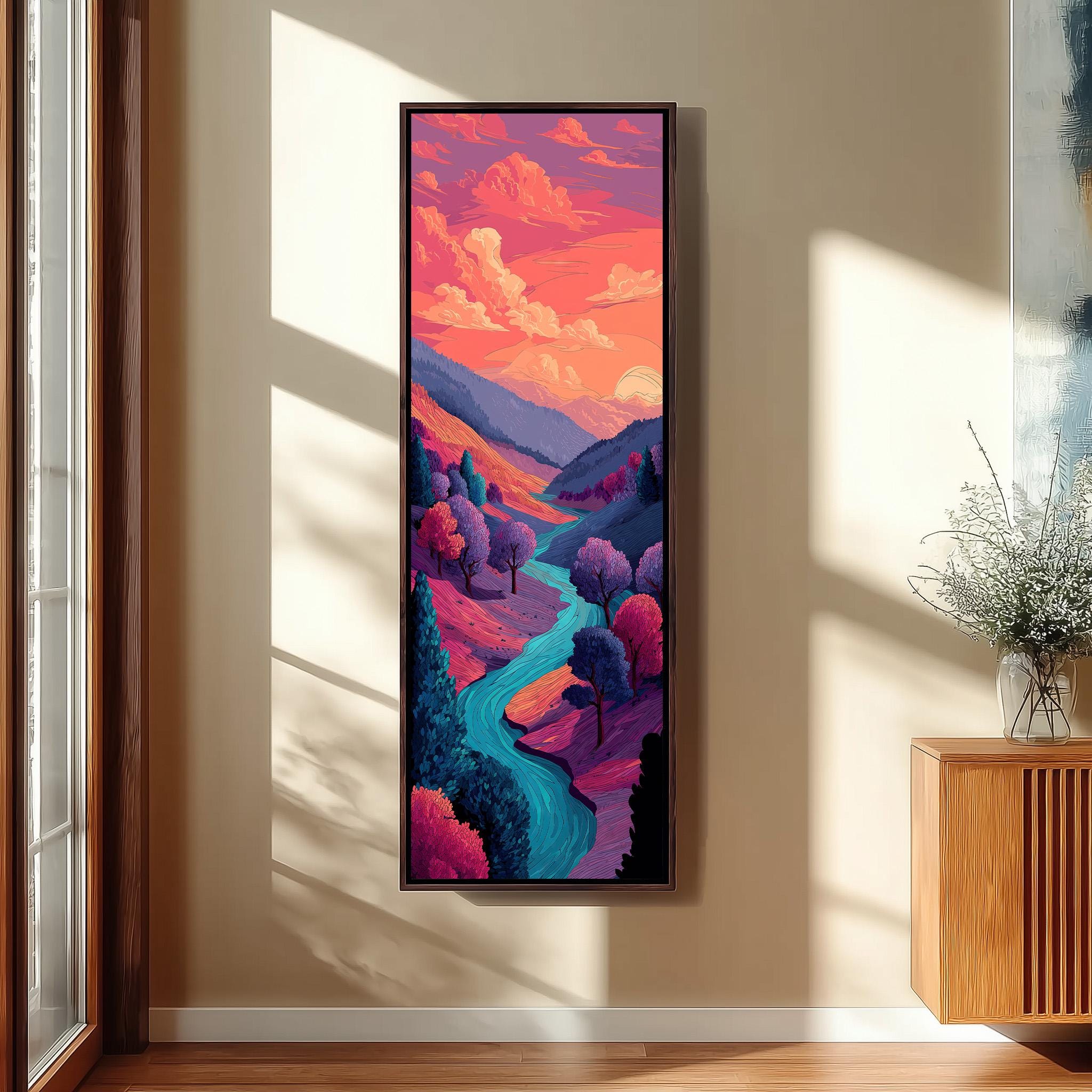 a large, colorful painting of a landscape with a winding river and mountains in the background, hanging on a wall in a room with a window and a wooden cabinet.