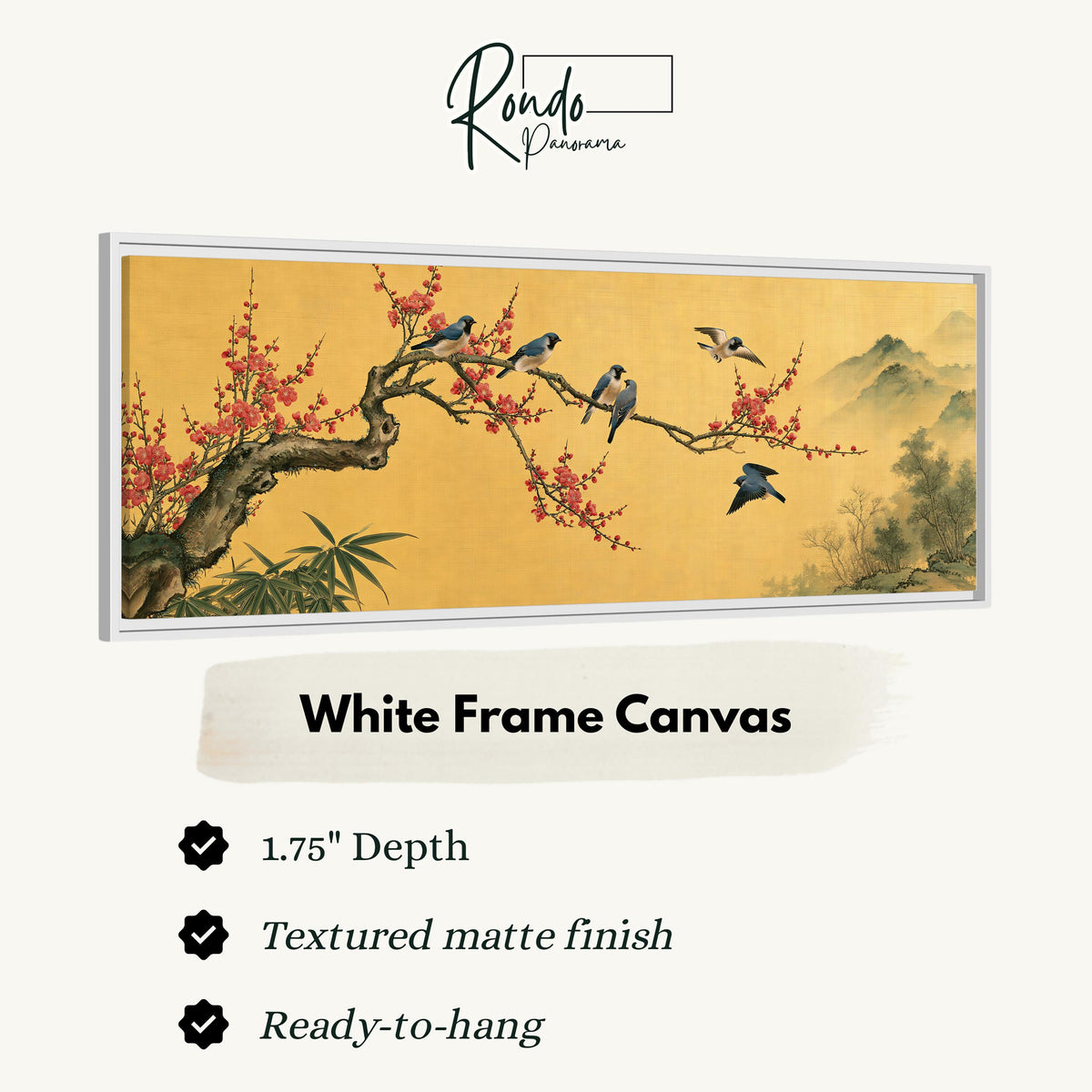 Birds on a plum blossom branch on gold canvas print in a white floating frame