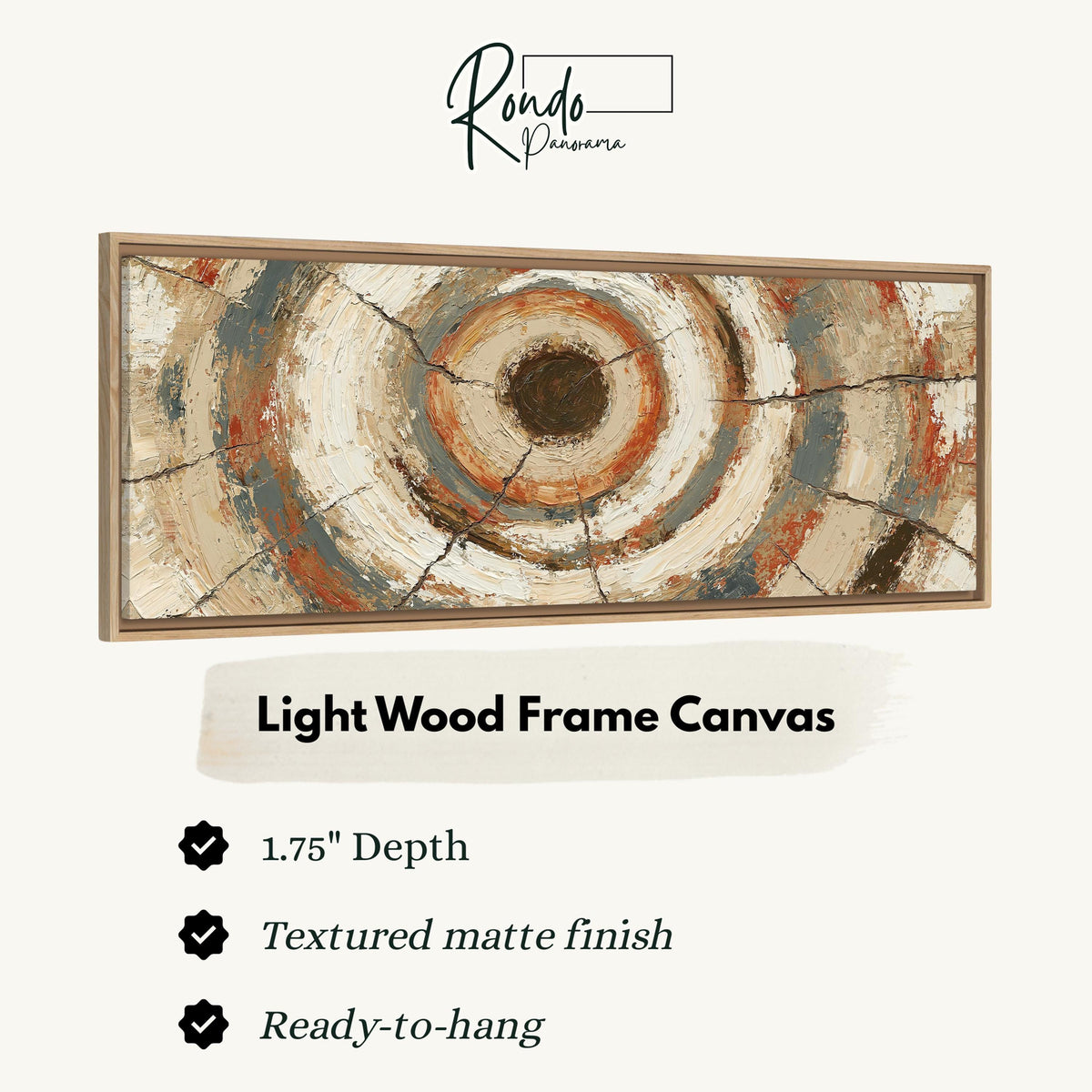 Rust and navy textured tree ring canvas print in a light wood floating frame